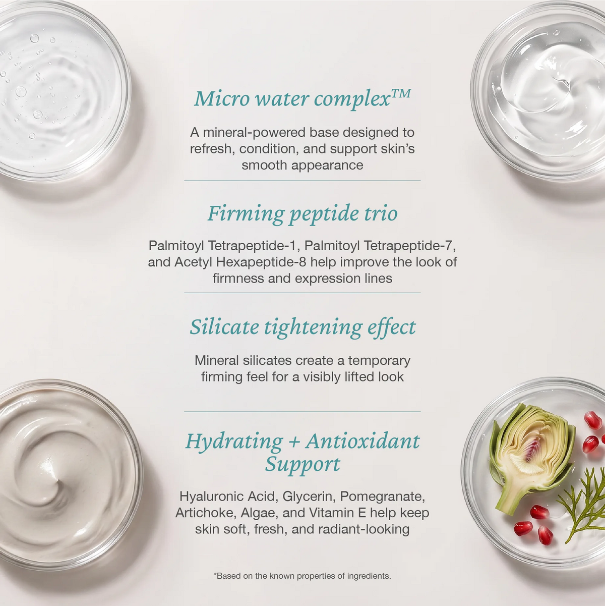 Onsen Secret Bio Cell Lift Mask ingredient chart featuring Micro Water Complex™, firming peptide trio, silicate tightening effect, and hydrating antioxidant blend.