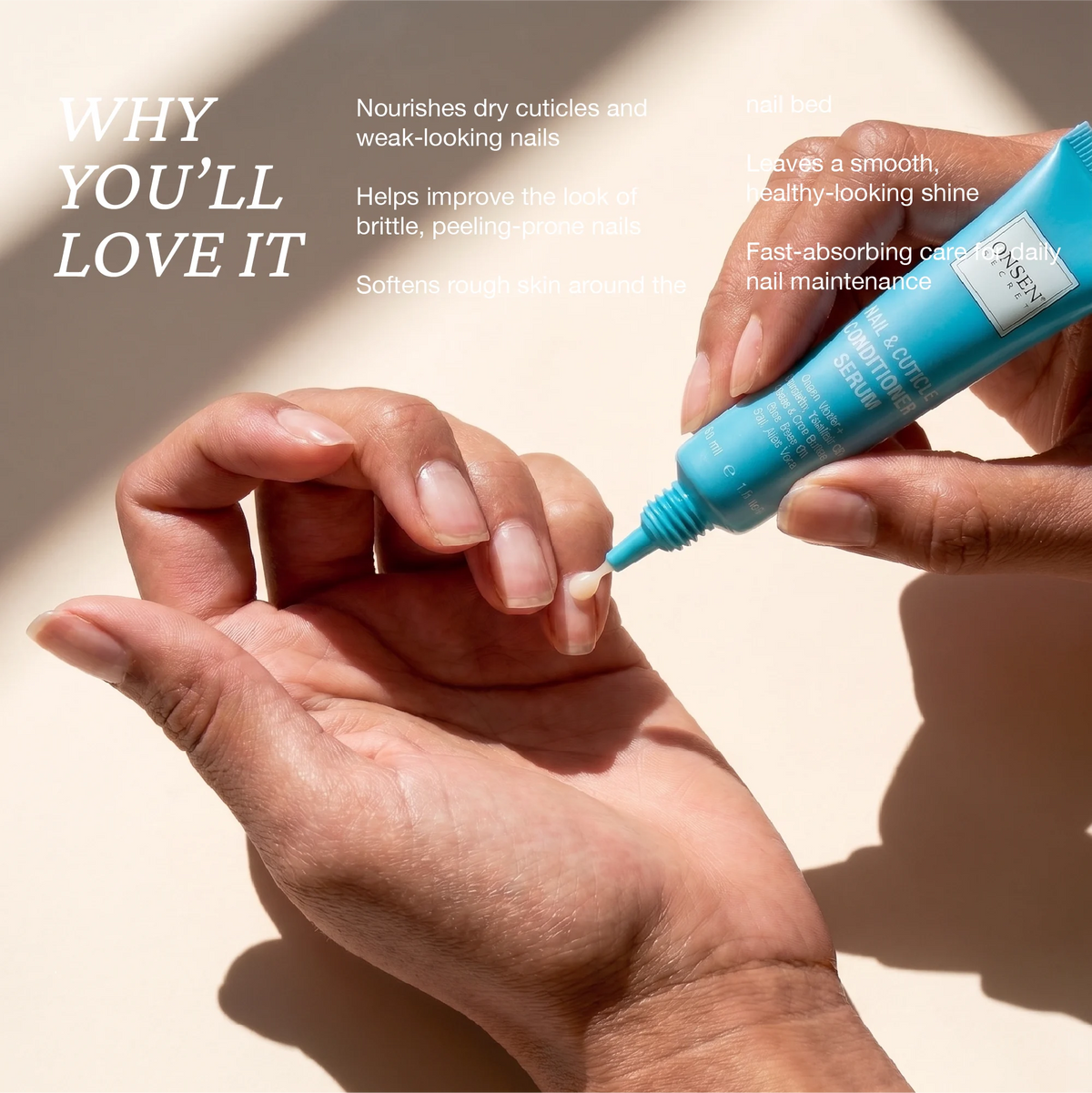Onsen Secret Nail & Cuticle Conditioner Serum promotional image, product applied to nail bed with benefits listed for brittle nails and rough cuticles.