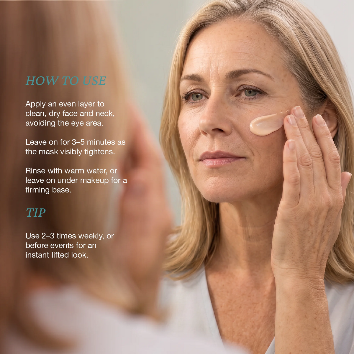Skincare routine visual showing Onsen Secret Bio Cell Lift Mask, person spreading product with text directions for 3–5 minute tightening effect.