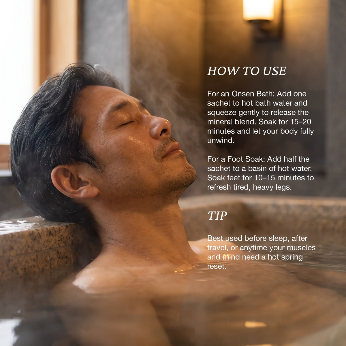 Wellness campaign visual showing Onsen Secret hot spring bath, serene model in stone tub with text directions for 15–20 minute soak.