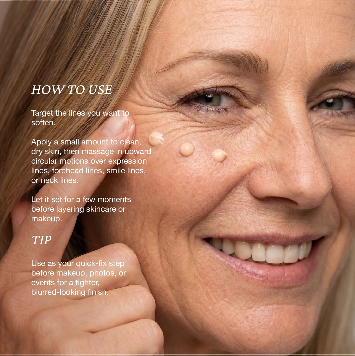 Anti‑aging skincare instructional visual for Onsen Secret wrinkle release syringe, demonstrating targeted application to expression lines and forehead.