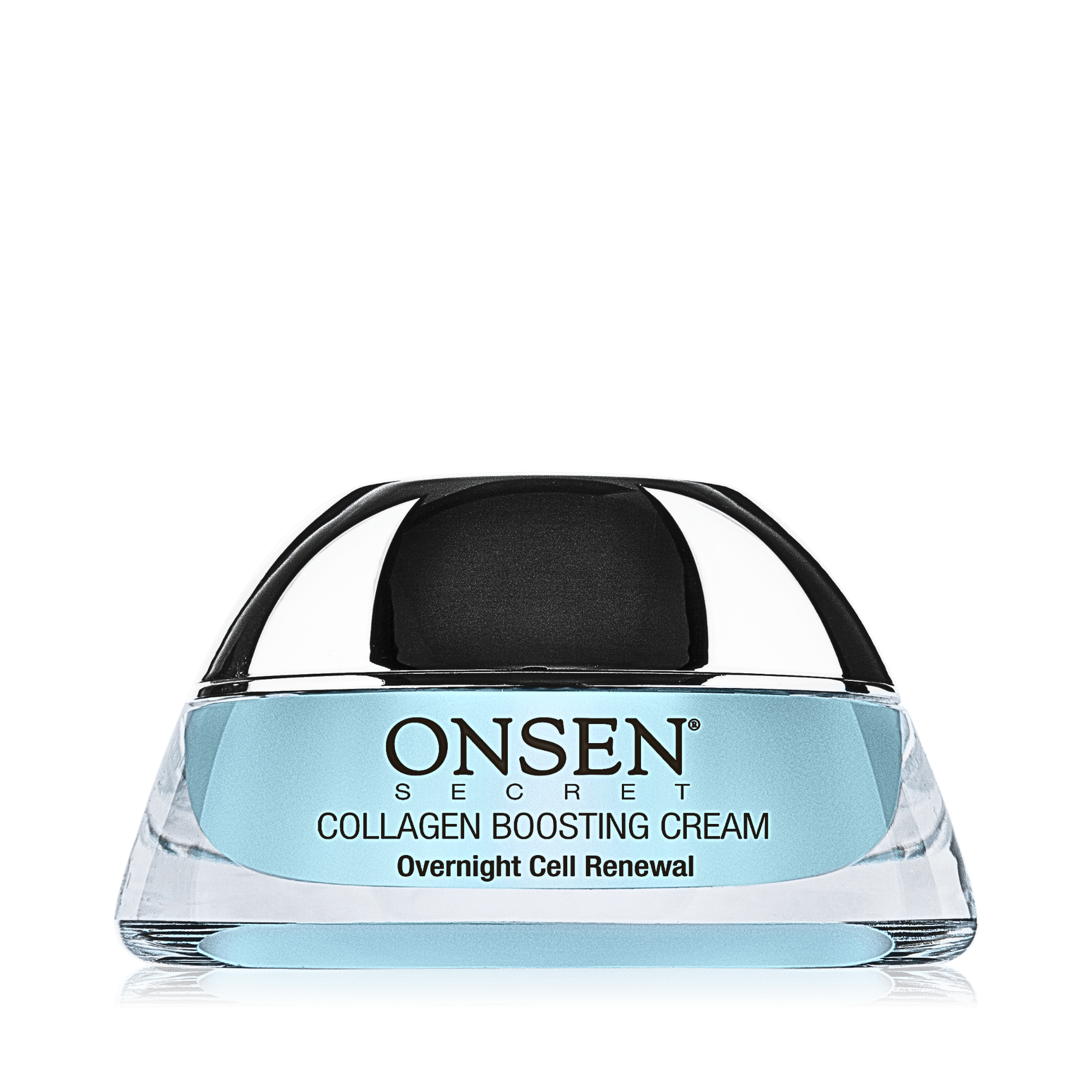A jar of ONSEN Secret Collagen Boosting Cream with a clear blue label, indicating it&