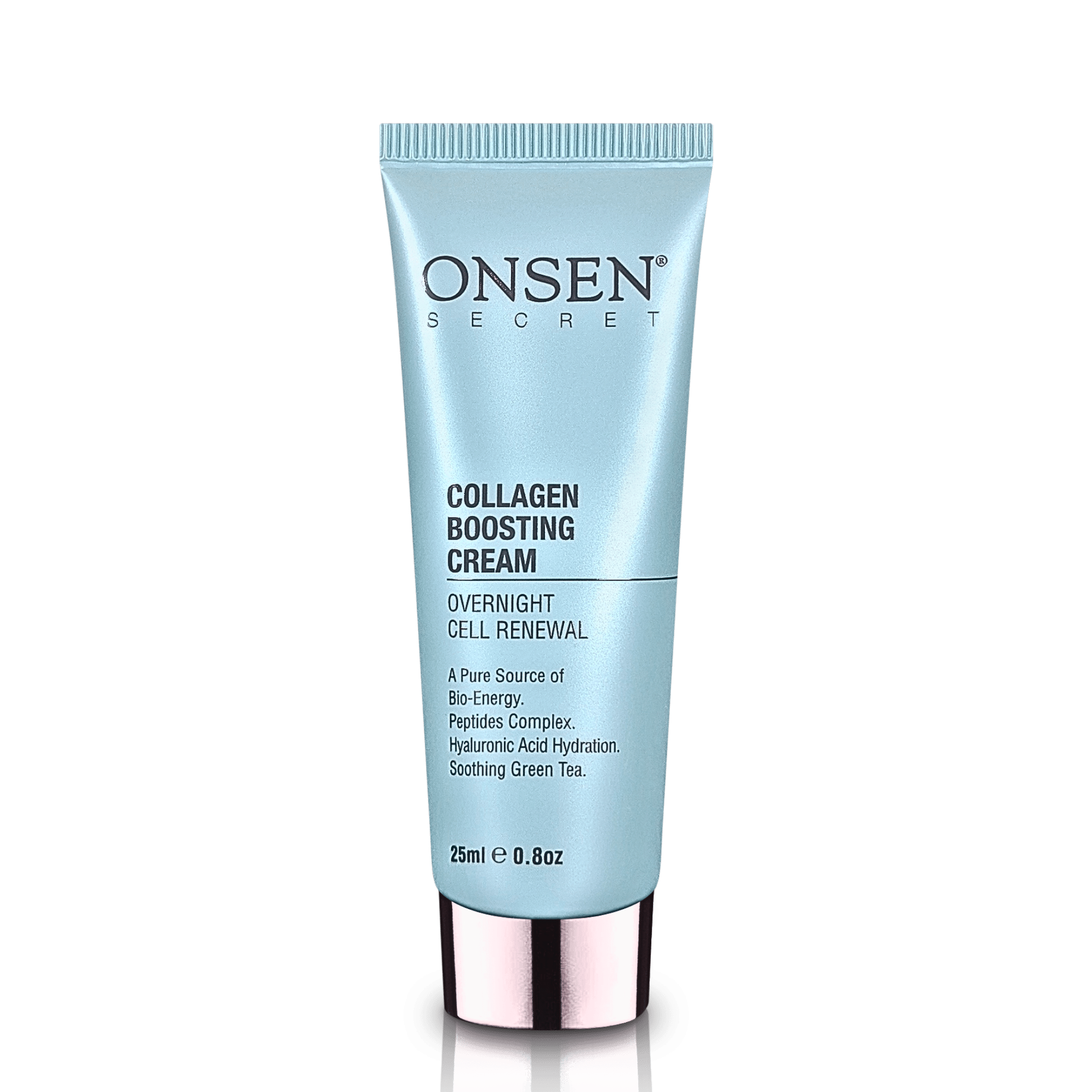 A jar of ONSEN Secret Collagen Boosting Cream with a clear blue label, indicating it&