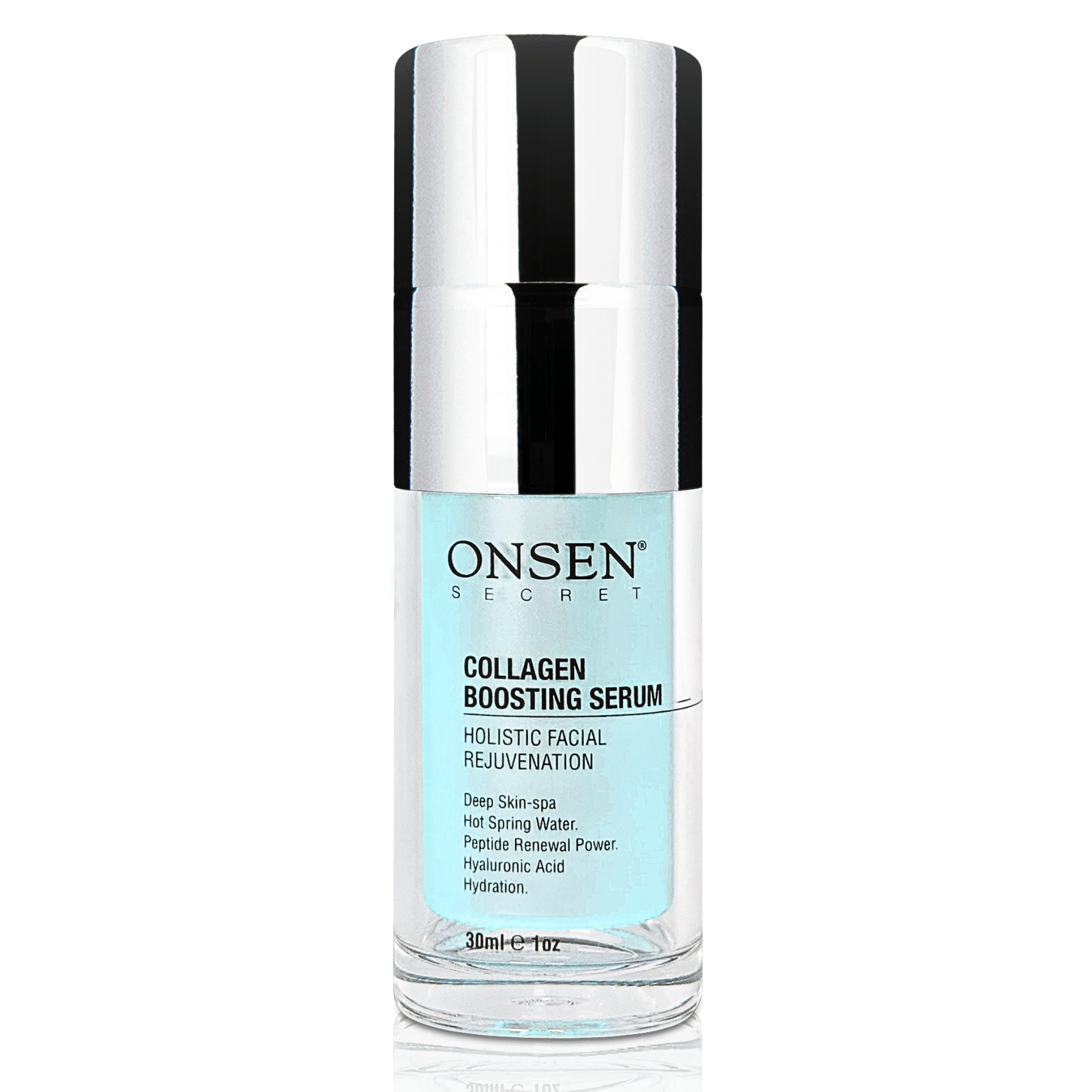 A bottle of Onsen Secret Collagen Boosting Serum with a white cap and label.