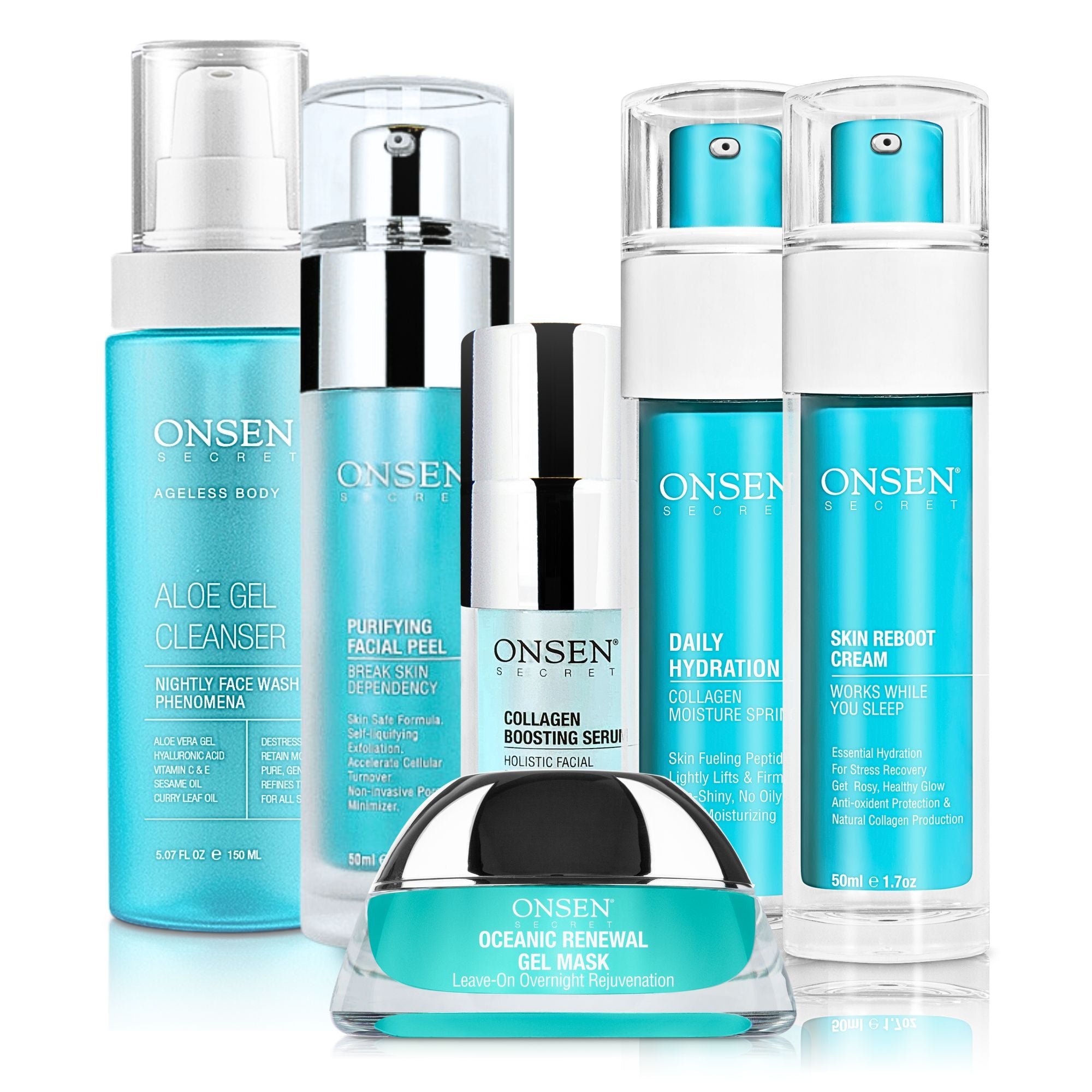 A set of skin care products from the brand ONSEN, including aloe gel cleanser or milk cleanser, purifying facial peel, collagen boosting serum, daily hydration moisturizer, skin reboot night cream and oceanic renewal gel mask.
