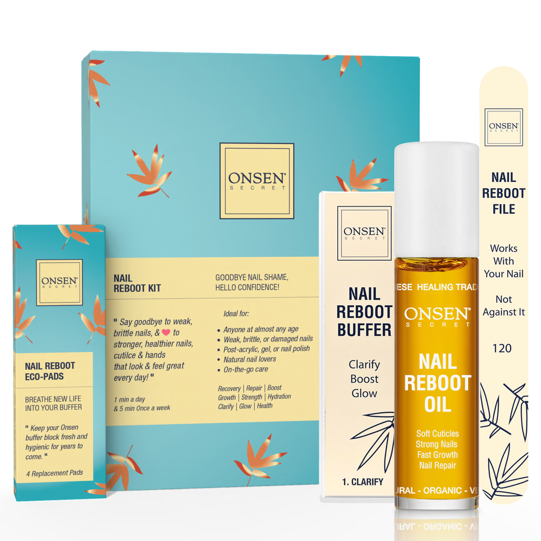 A collection of nail care products by ONSEN, including Nail Reboot Oil, a 3-Way Shining Buffer Block, Replacement Buffing Pads, and a Nail Reboot File, displayed against a blue background with leaf patterns.