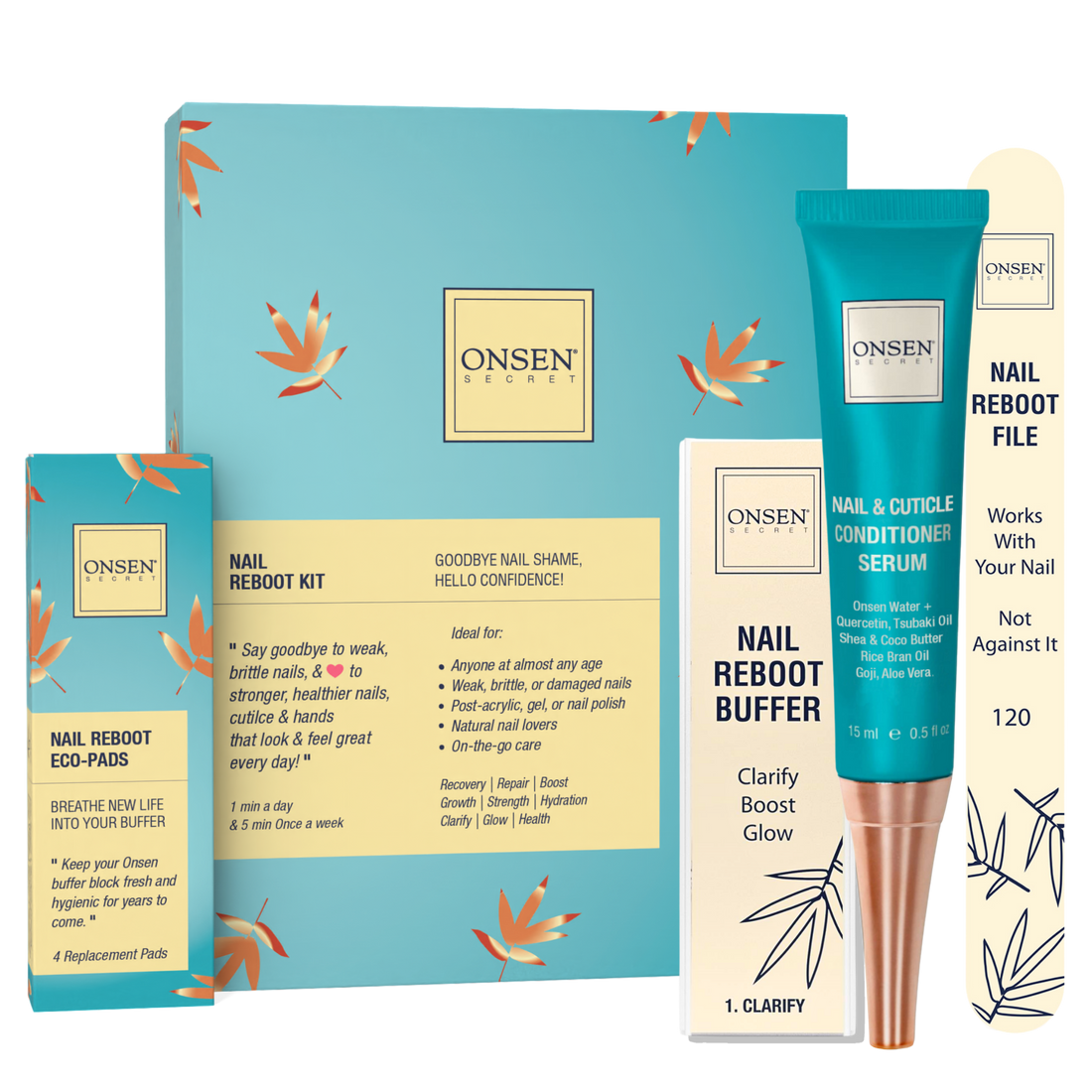 A collection of nail care products from ONSEN, including a nail reboot kit with a blue and orange design, a serum bottle, a buffer block, and a replacement pads kit.
