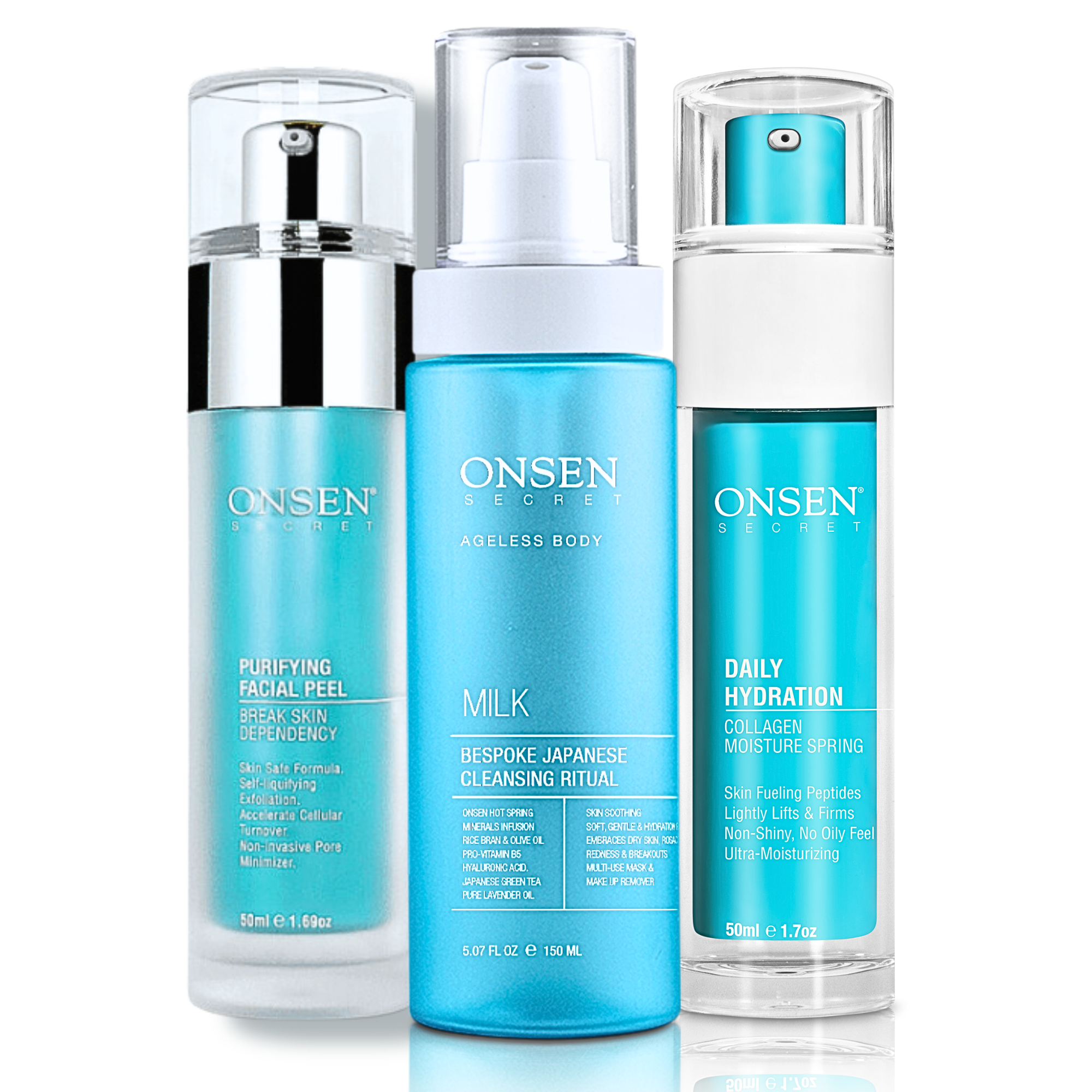 A set of three skin care products from Onsen Secret, including a daily hydration moisturizer, purifying facial peel, and aloe gel cleanser.