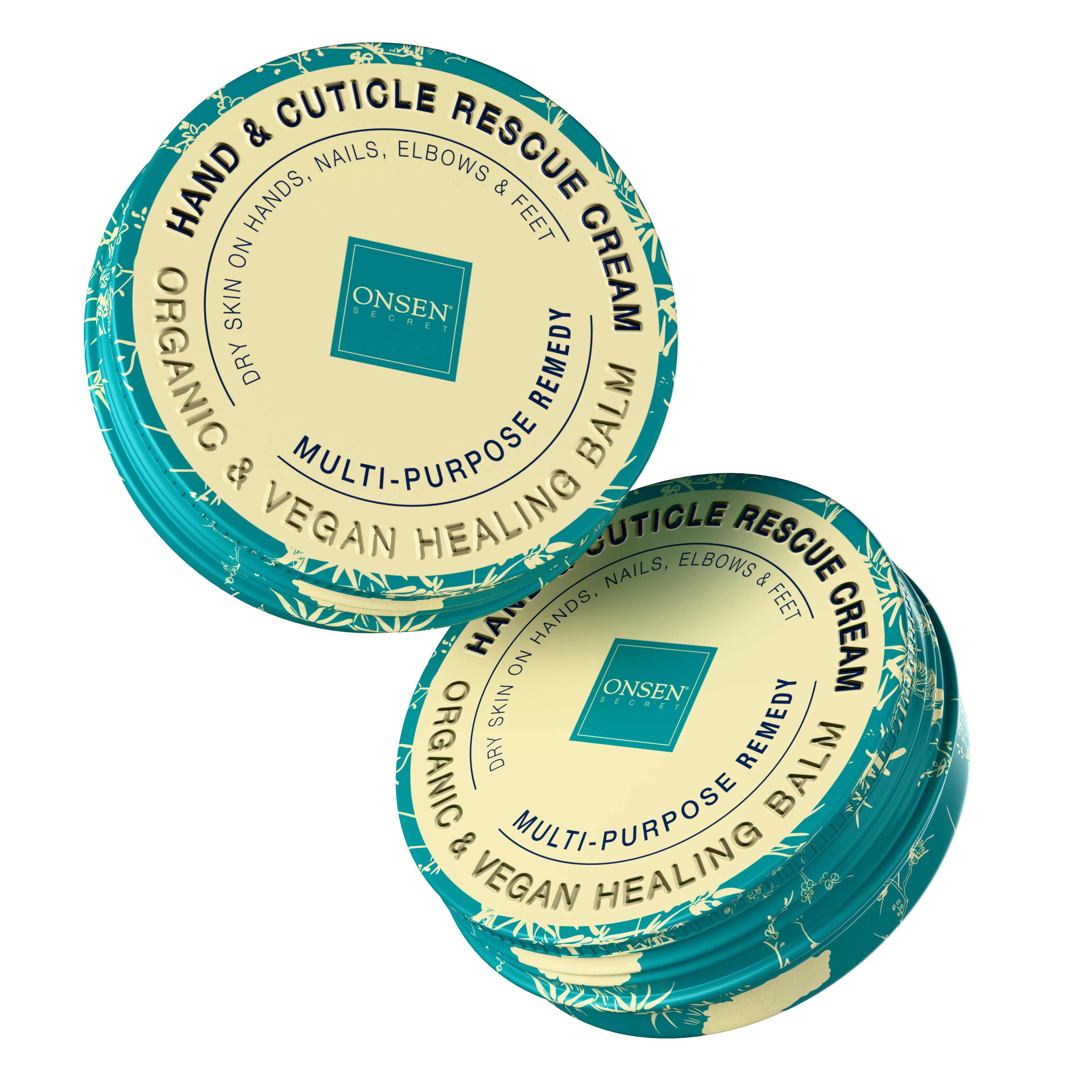 Two containers of Onsen Hand & Cuticle Rescue Cream on a white background