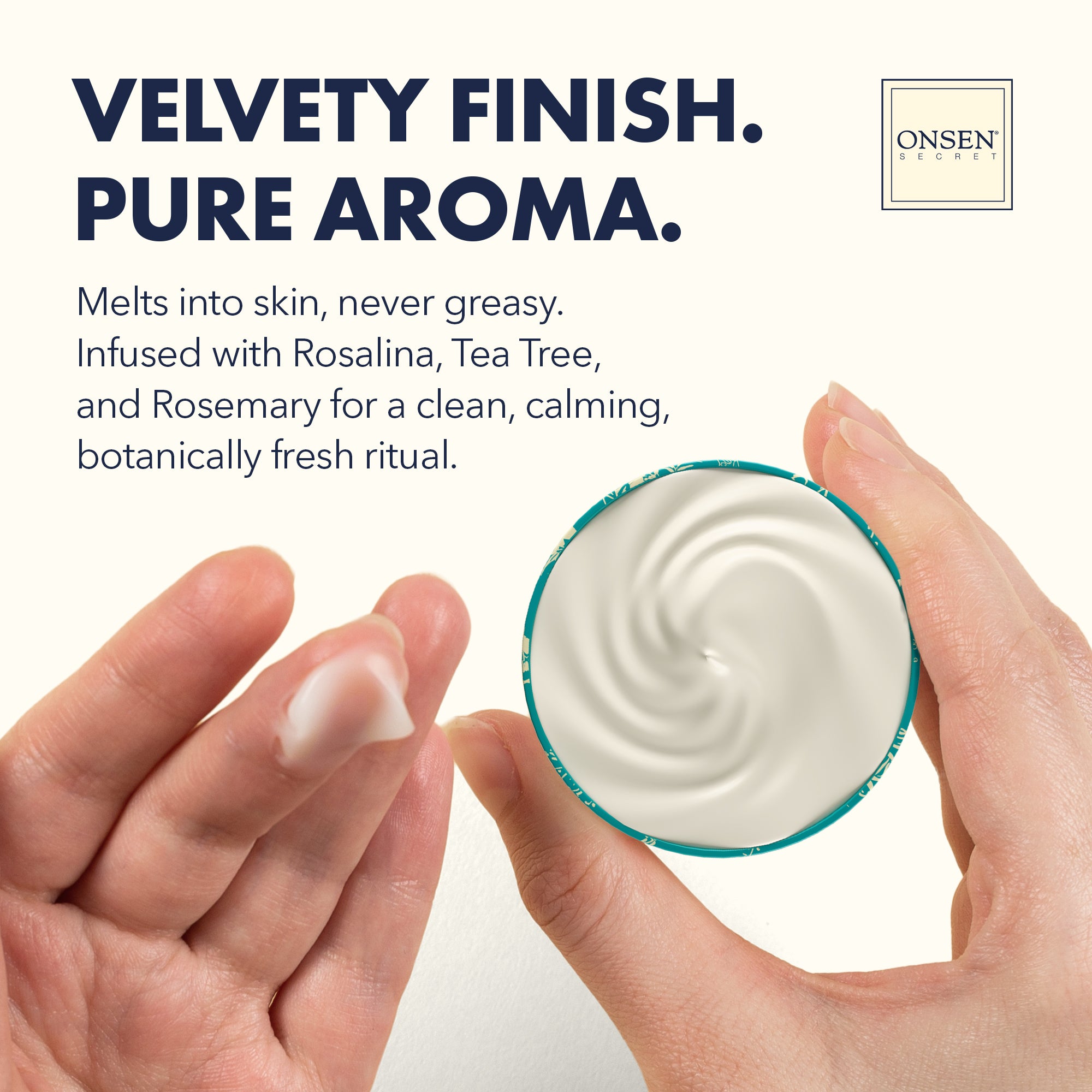 Hand holding a small container of white cream with text about its velvety finish and pure aroma, featuring the Onsen Sekoya brand.