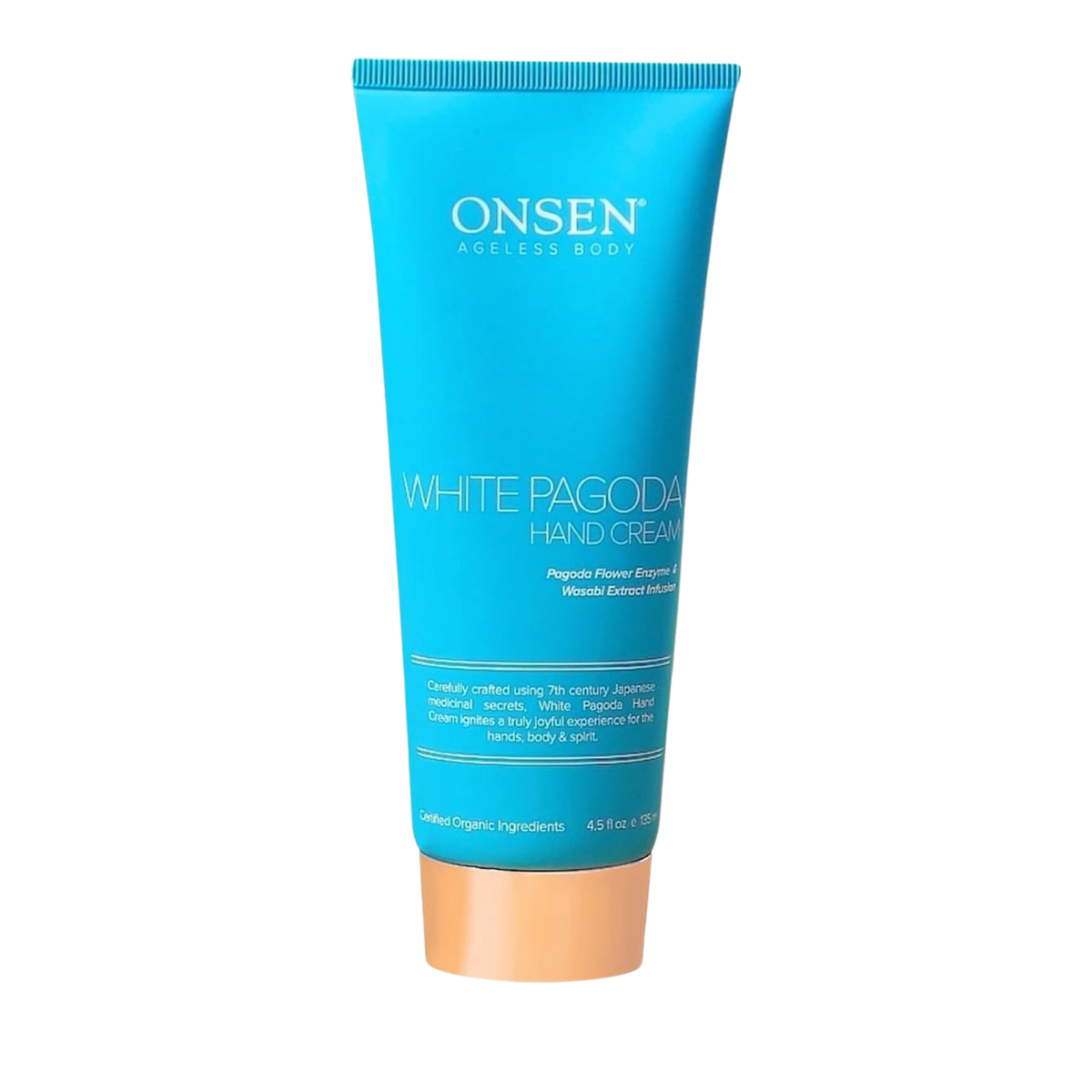 A tube of Onsen brand White Pagoda Hand Cream with blue packaging, displayed against a yellow background.