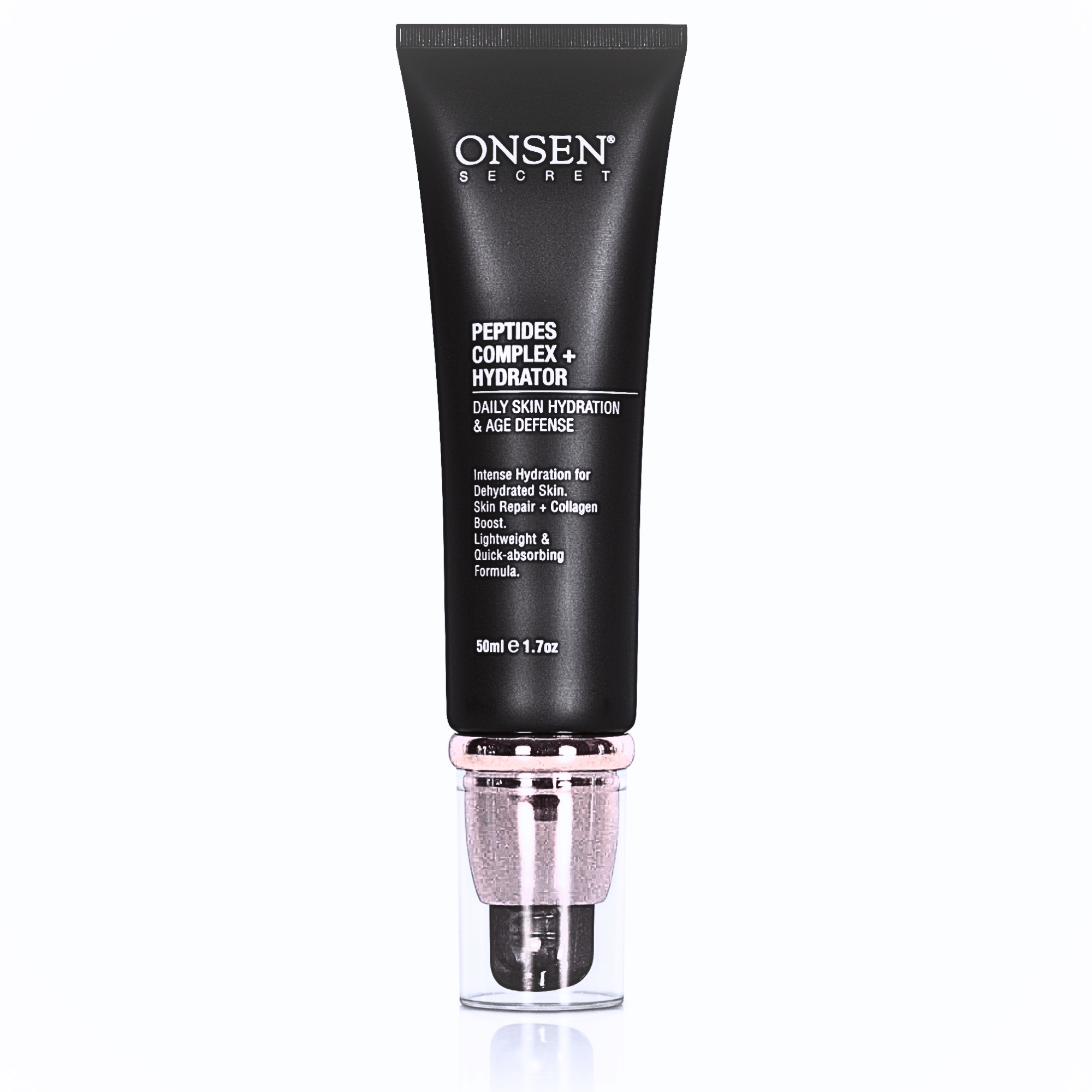 A black tube of ONSEN peptide facial cream with a white and pink cap, designed for skin care.