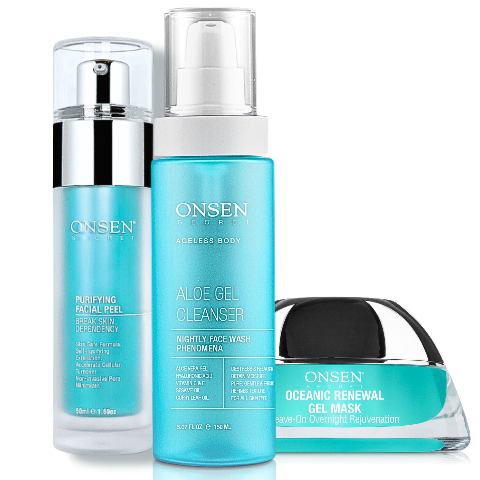 A skincare set including a pump bottle labeled &