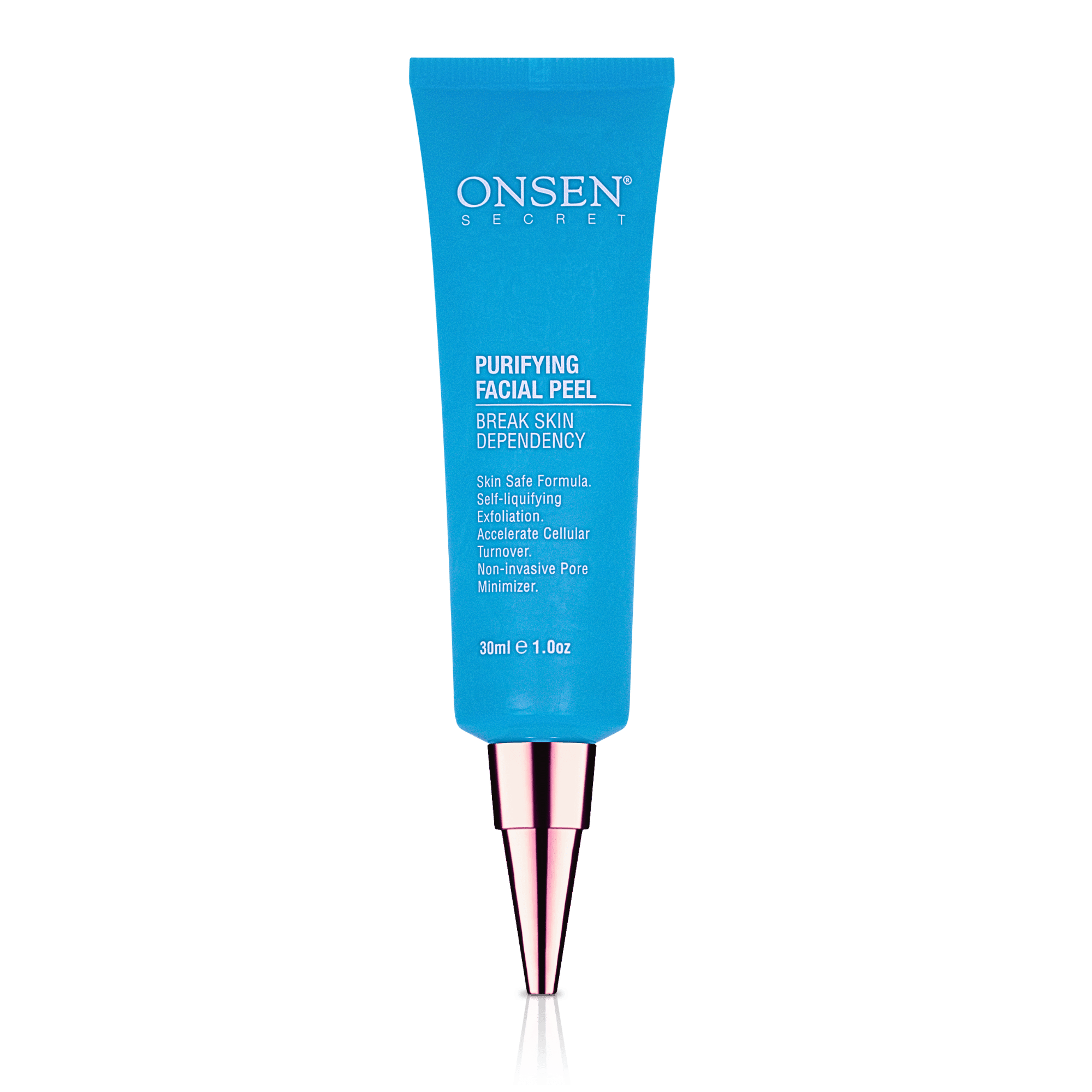A blue tube of Onsen Purifying Facial Peel with product information and branding visible.