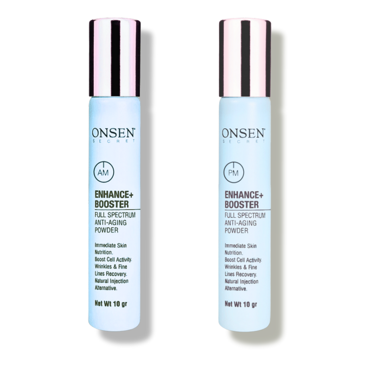 Two bottles of Enhance+ Booster serum against a yellow background, with branding and product information displayed on the labels. Anti-aging powder