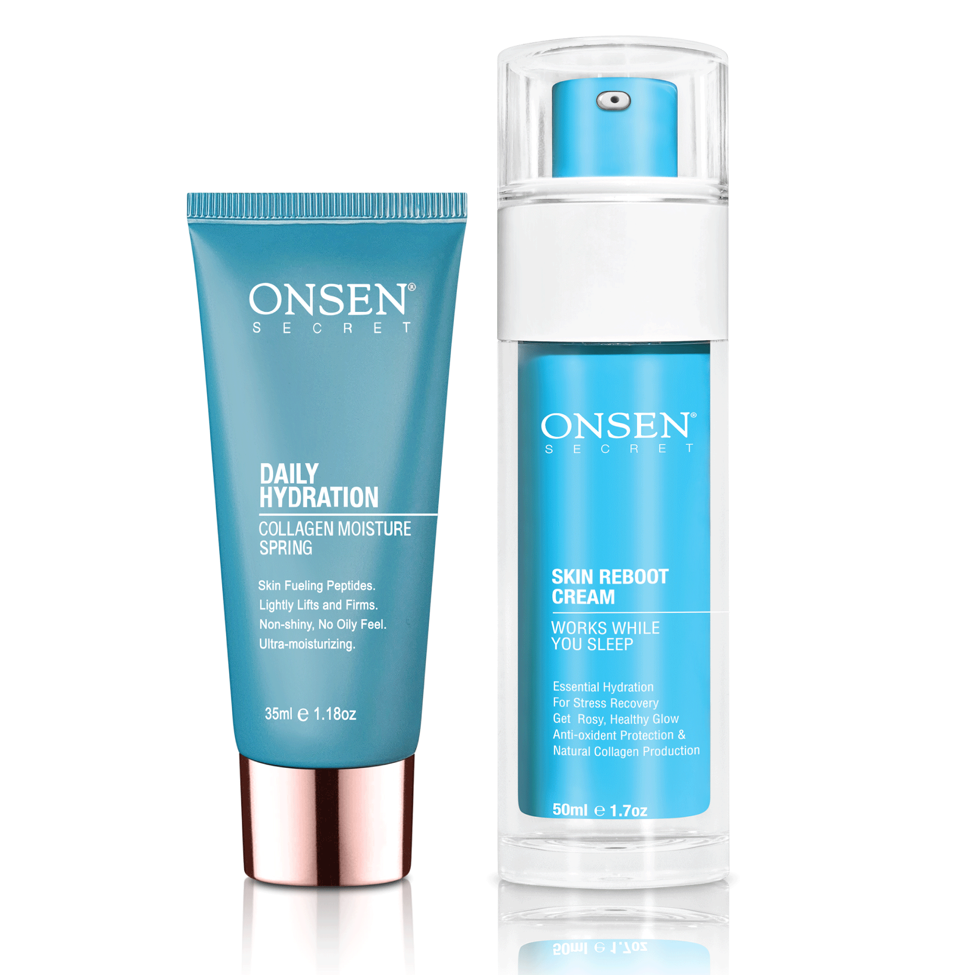 Two skincare products, Daily Hydration Moisturizer and Skin Reboot Cream, from the brand ONSEN, designed for skin hydration and rejuvenation.