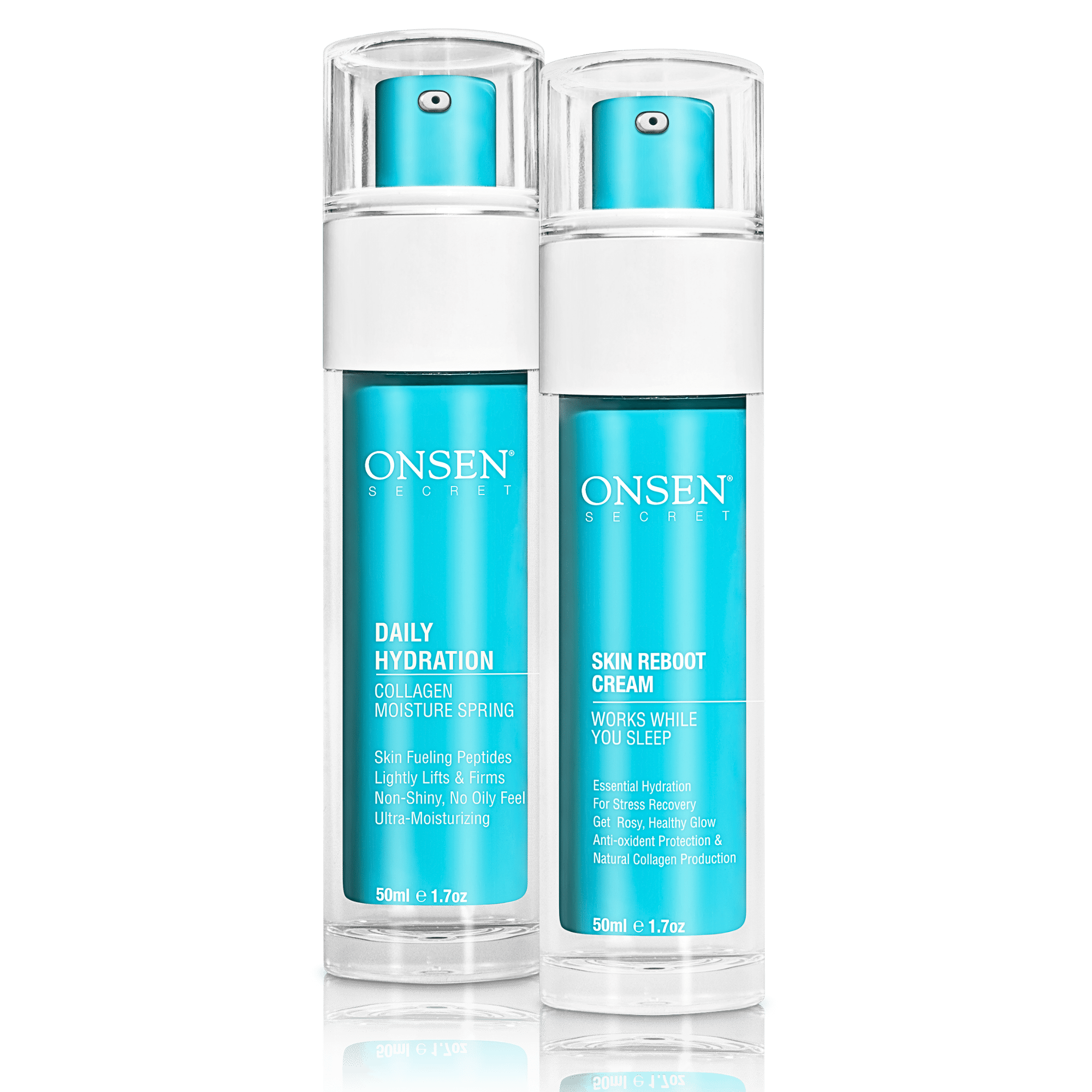 Two skincare products, Daily Hydration Moisturizer and Skin Reboot Cream, from the brand ONSEN, designed for skin hydration and rejuvenation.