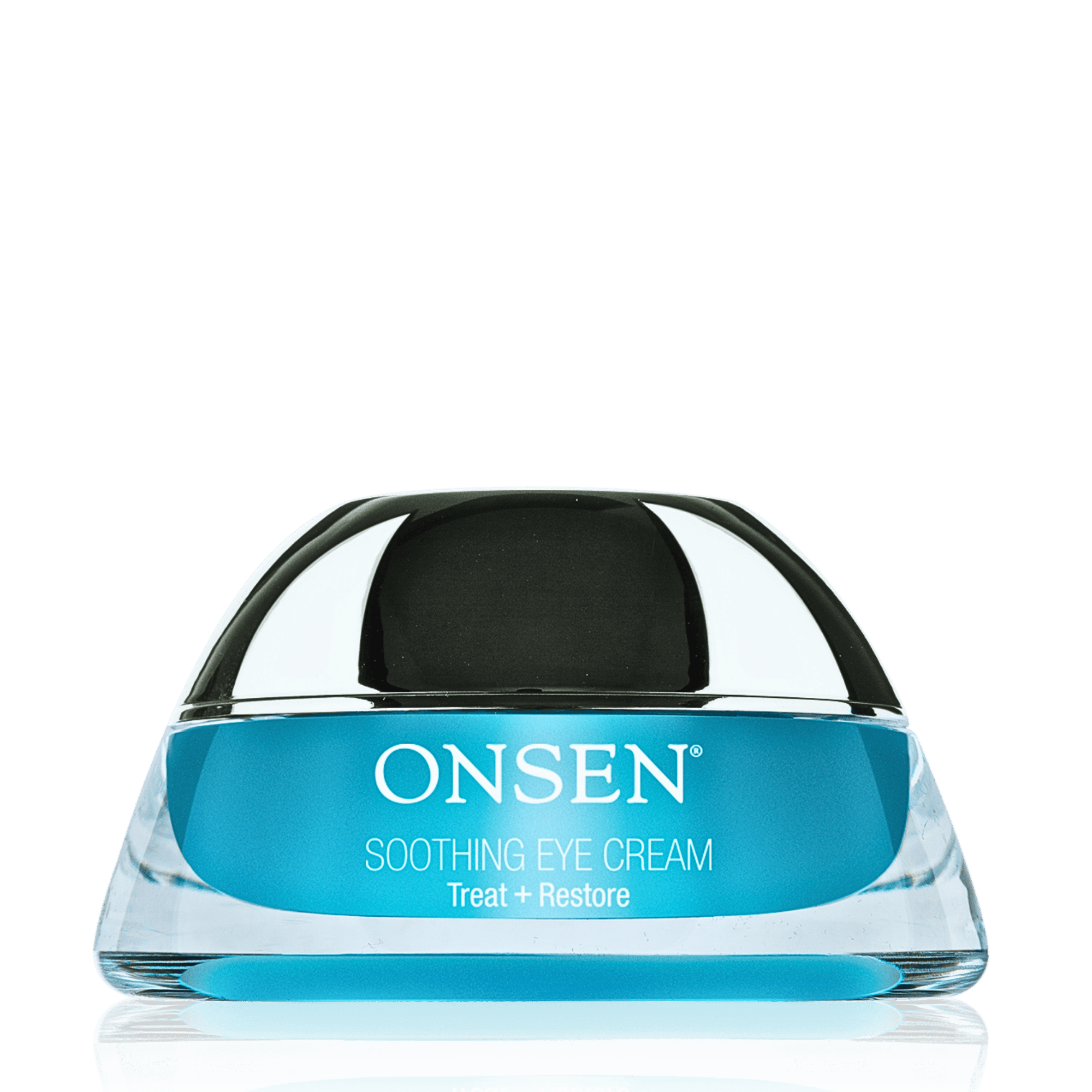A jar of ONSEN Soothing Eye Cream with a blue label, reflective surface, and the text &
