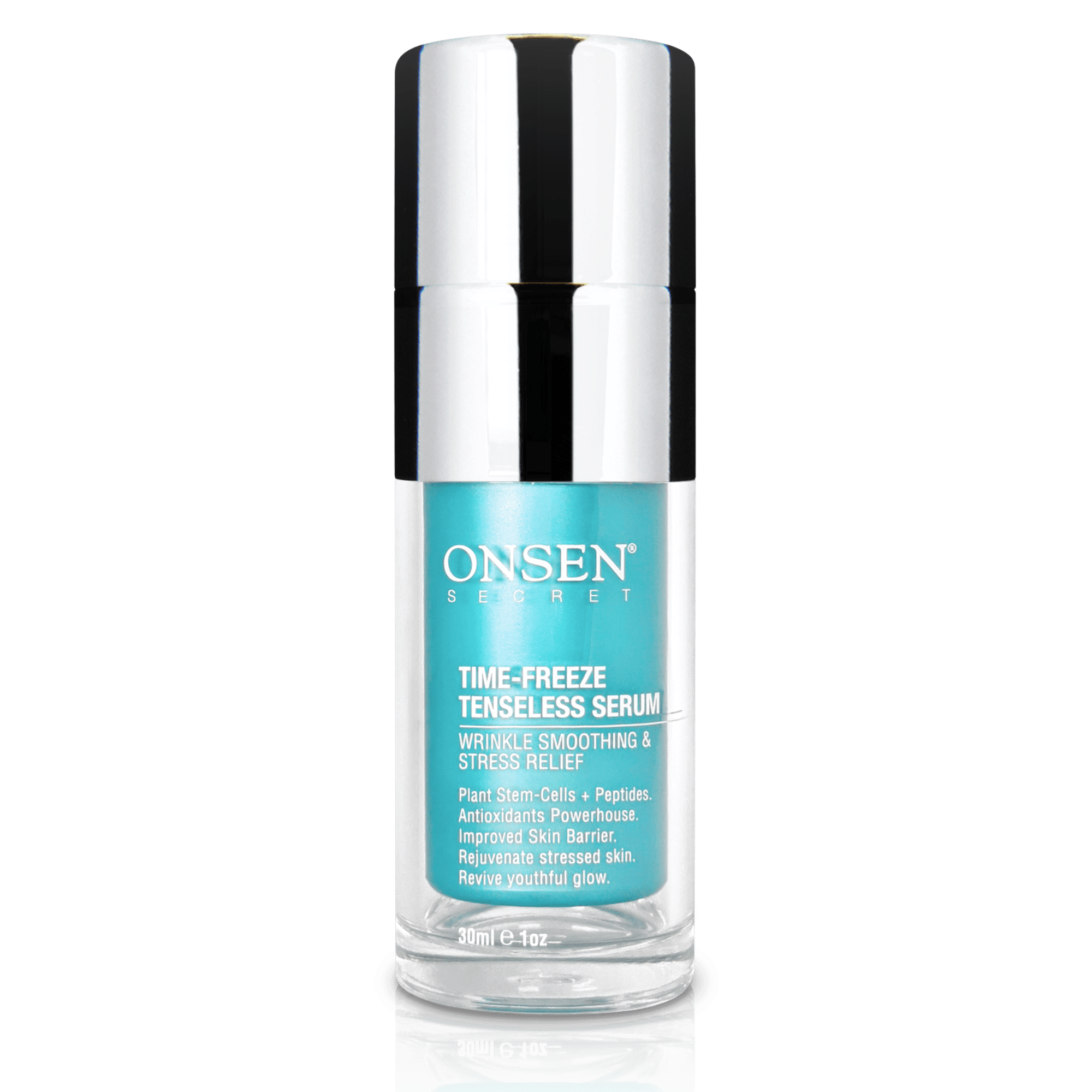 A bottle of Onsen Time-Freeze Tenseless Serum with blue and white labeling, designed for skincare.
