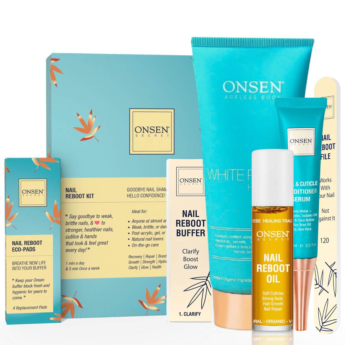 A collection of nail care products from Onsen Secret including a nail & cuticle conditioning serum, nail reboot oil, a 3-way shining buffer block with replacement pads, nail reboot file, and a white pagoda hand cream, all laid out on a light background.