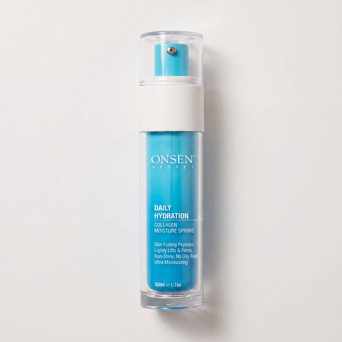 Onsen Secret Daily Hydration Collagen Moisture Spring, 50ml blue pump bottle with peptides for firming and ultra‑moisturizing skincare.