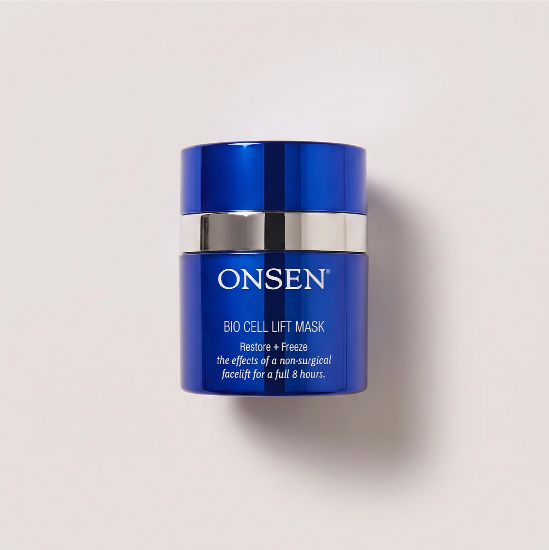 Onsen Secret Bio Cell Lift Mask, blue cylindrical skincare container with silver band, anti‑aging formula for firming and lifting effects.