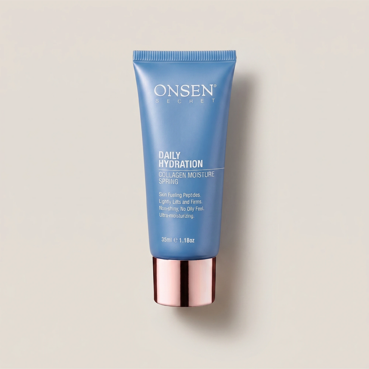 Onsen Secret Daily Hydration Collagen Moisture Spring, 35ml blue skincare tube with rose‑gold cap, peptide formula for firming and ultra‑moisturizing.