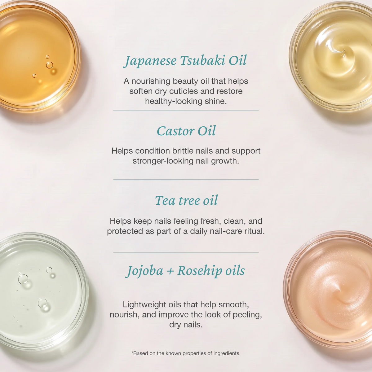 Nail care product ingredient infographic for Onsen Secret nail reboot oil, highlighting natural oils for softness, strength, and protection.