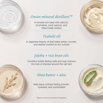 Skincare ingredient infographic for Onsen Secret nail and cuticle serum, highlighting mineral base, Japanese beauty oil, and hydrating botanicals.