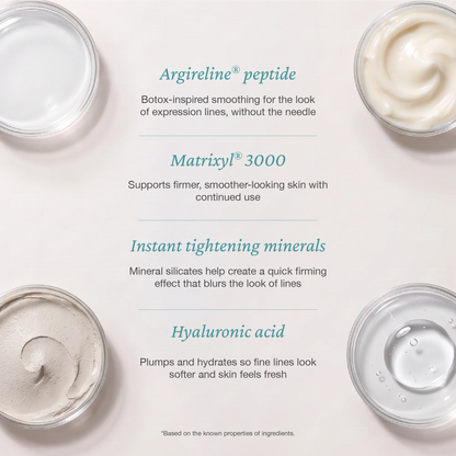 Anti‑aging skincare ingredient infographic for Onsen Secret wrinkle release syringe, highlighting peptides, minerals, and hydration benefits.