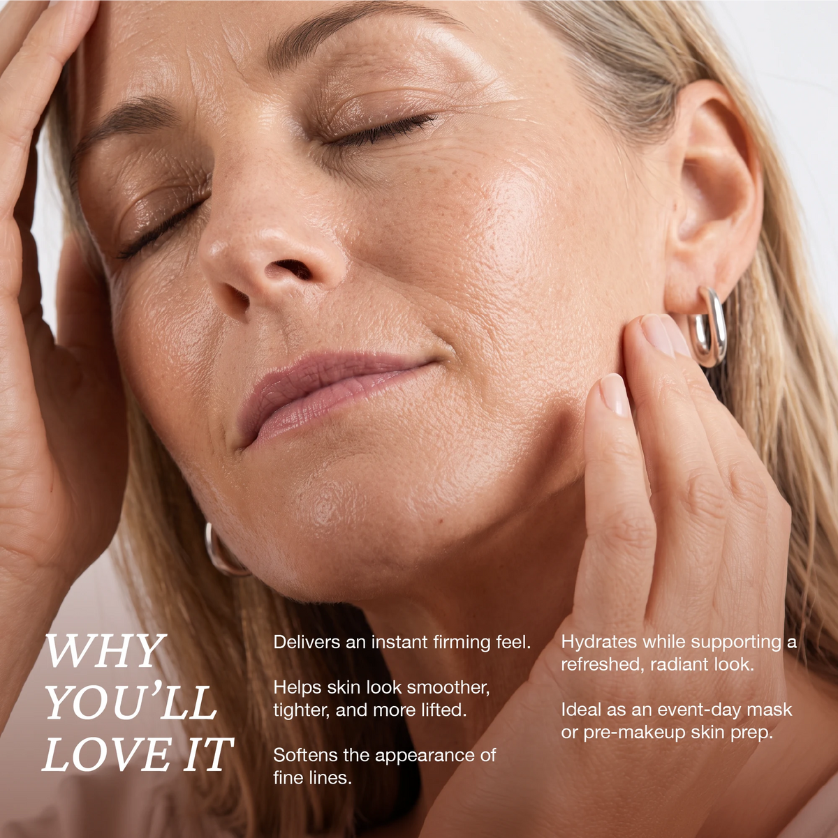 Skincare campaign visual showing Onsen Secret Bio Cell Lift Mask, person with natural look demonstrating product’s instant firming feel and hydration support.