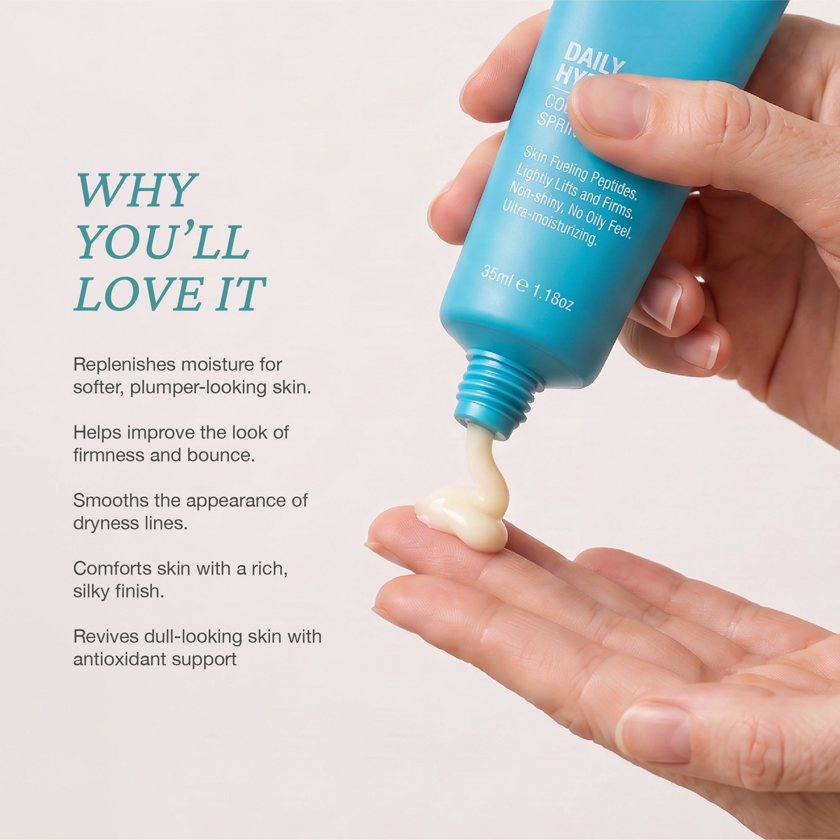 Skincare product demonstration of Onsen Secret collagen moisturizer, person applying cream with overlay text on hydration and firming benefits.