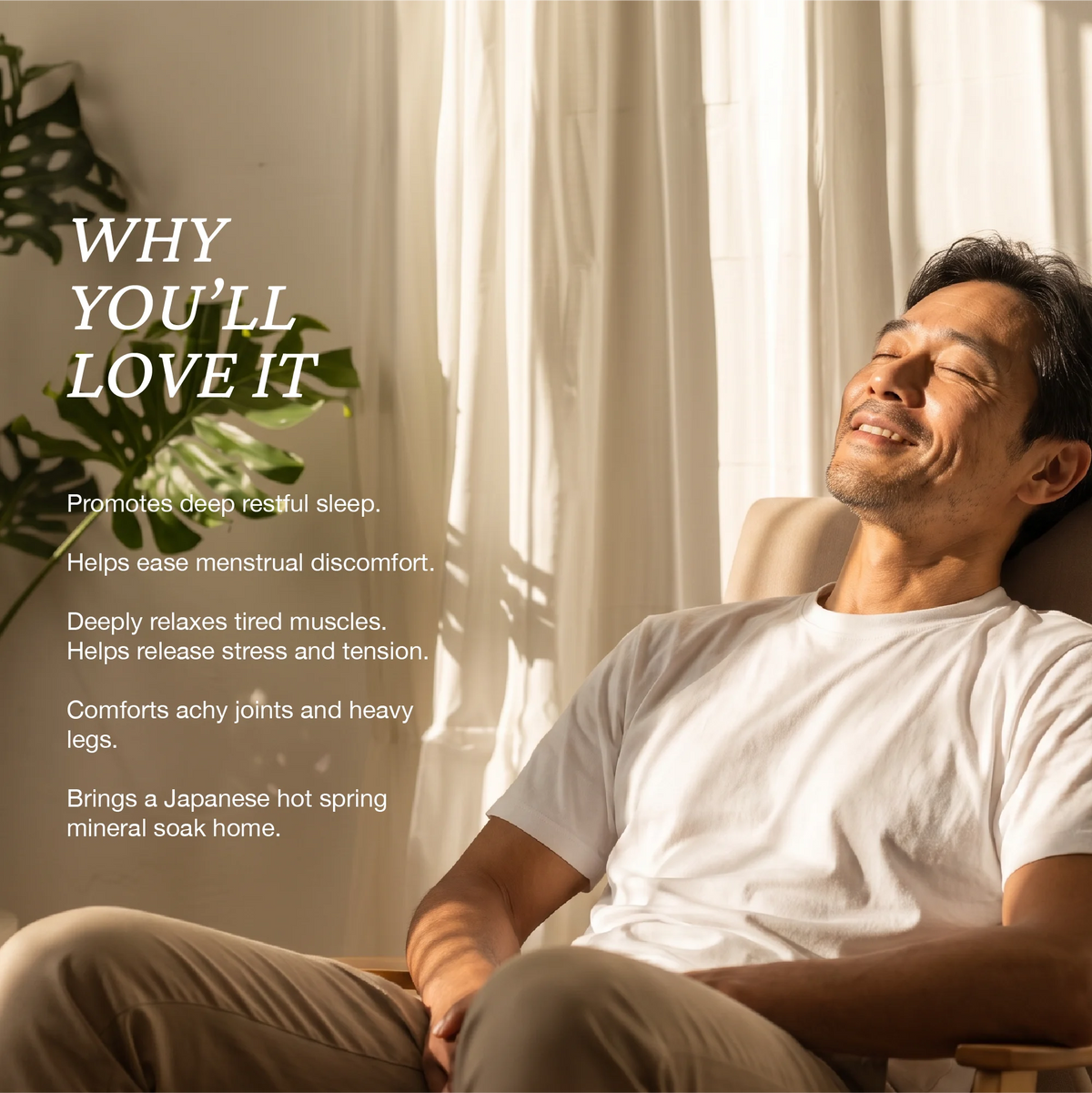 Onsen Secret Japanese Hot Spring Bath, lifestyle image of person relaxing in sunlight with overlay text highlighting sleep, muscle relaxation, and stress relief benefits.