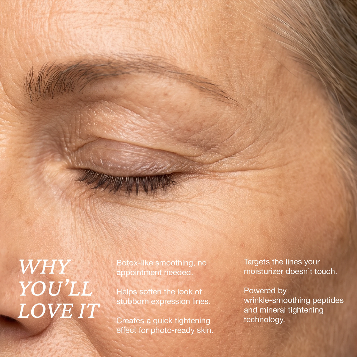 Onsen Secret wrinkle release syringe promotional image, eye close‑up with text on peptide‑powered wrinkle smoothing and mineral tightening.