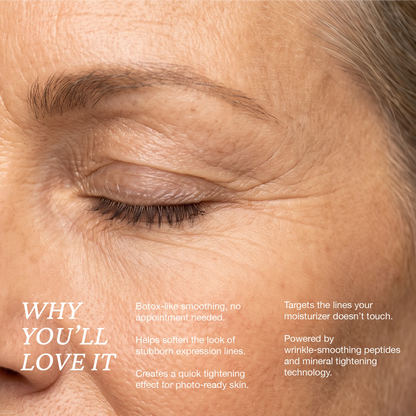 Onsen Secret wrinkle release syringe promotional image, eye close‑up with text on peptide‑powered wrinkle smoothing and mineral tightening.