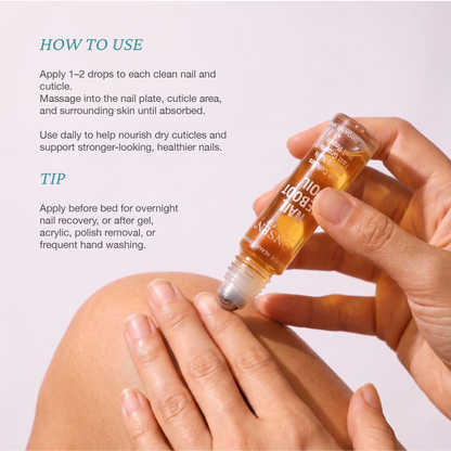 Nail care instructional visual for Onsen Secret nail reboot oil, demonstrating daily application to nails and cuticles for strength and repair.