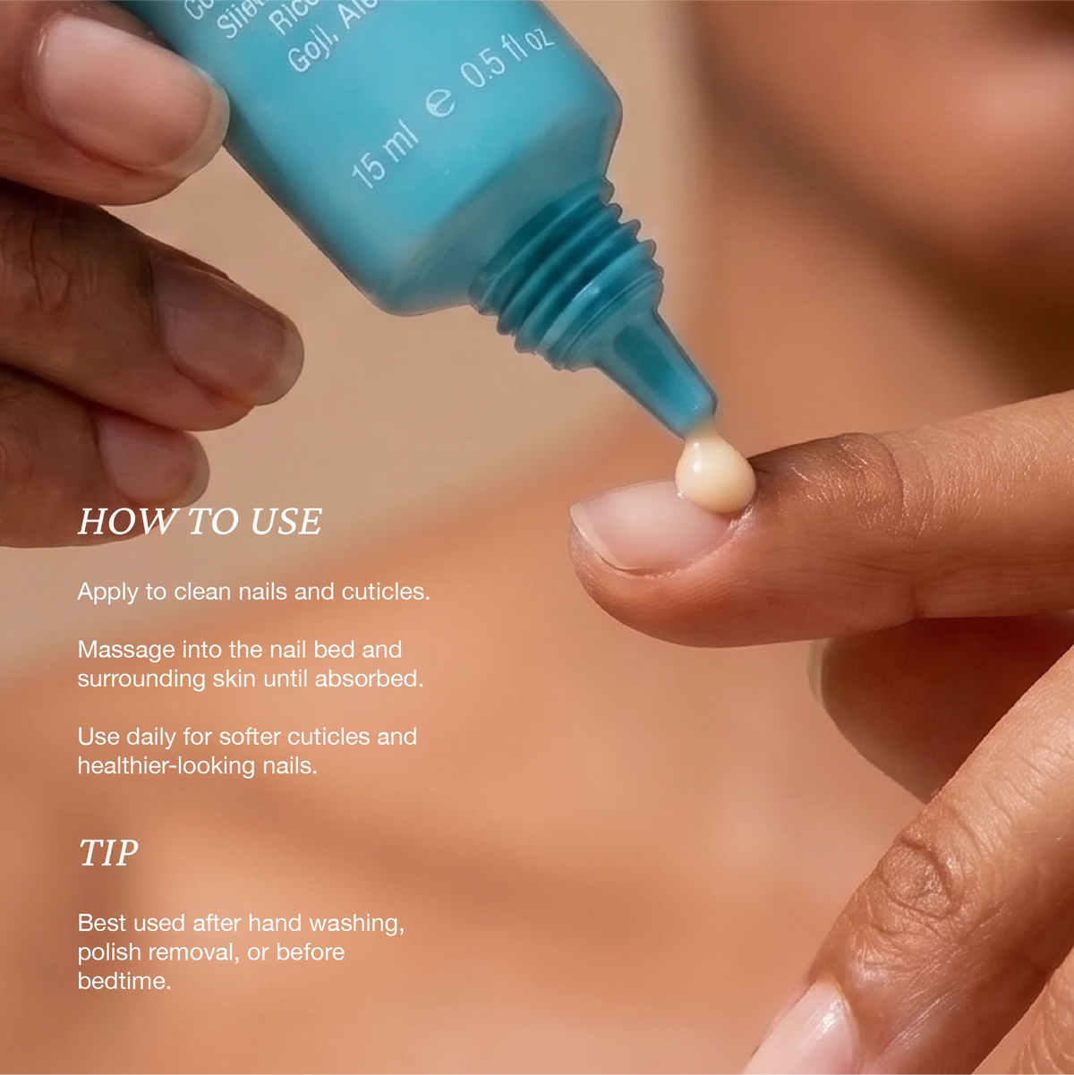 Skincare routine visual showing Onsen Secret nail and cuticle serum, product dispensed onto nail with text directions for massage and absorption.
