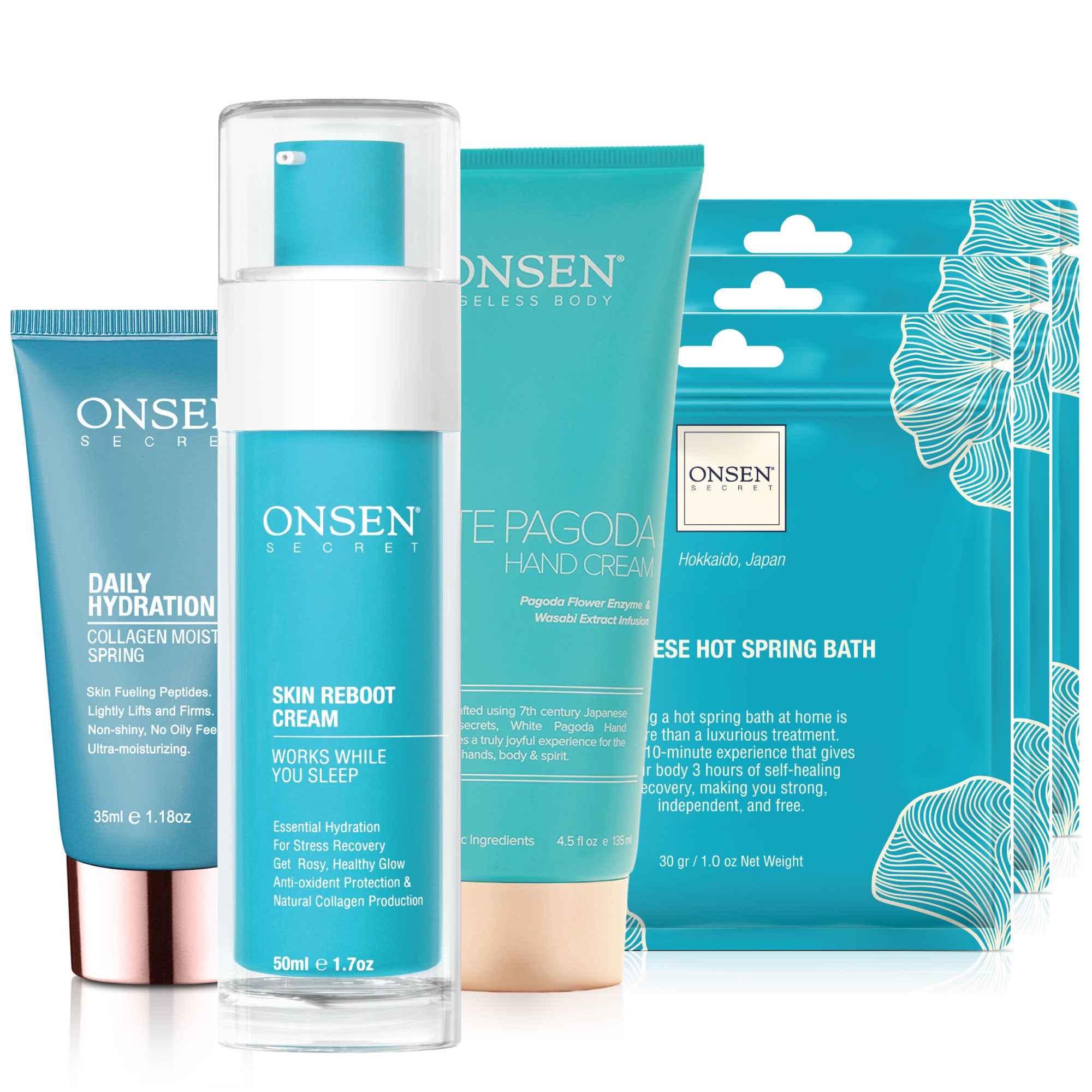 A collection of ONSEN brand skin care products including a daily hydration spray, skin reboot cream, and white pagoda hand cream, packaged in blue and teal containers, alongside three packets labeled for a hot spring bath.