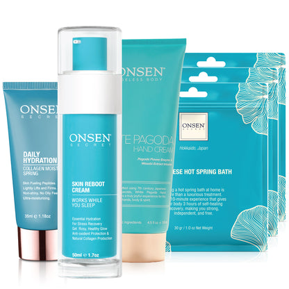 A collection of ONSEN brand skin care products including a daily hydration spray, skin reboot cream, and white pagoda hand cream, packaged in blue and teal containers, alongside three packets labeled for a hot spring bath.