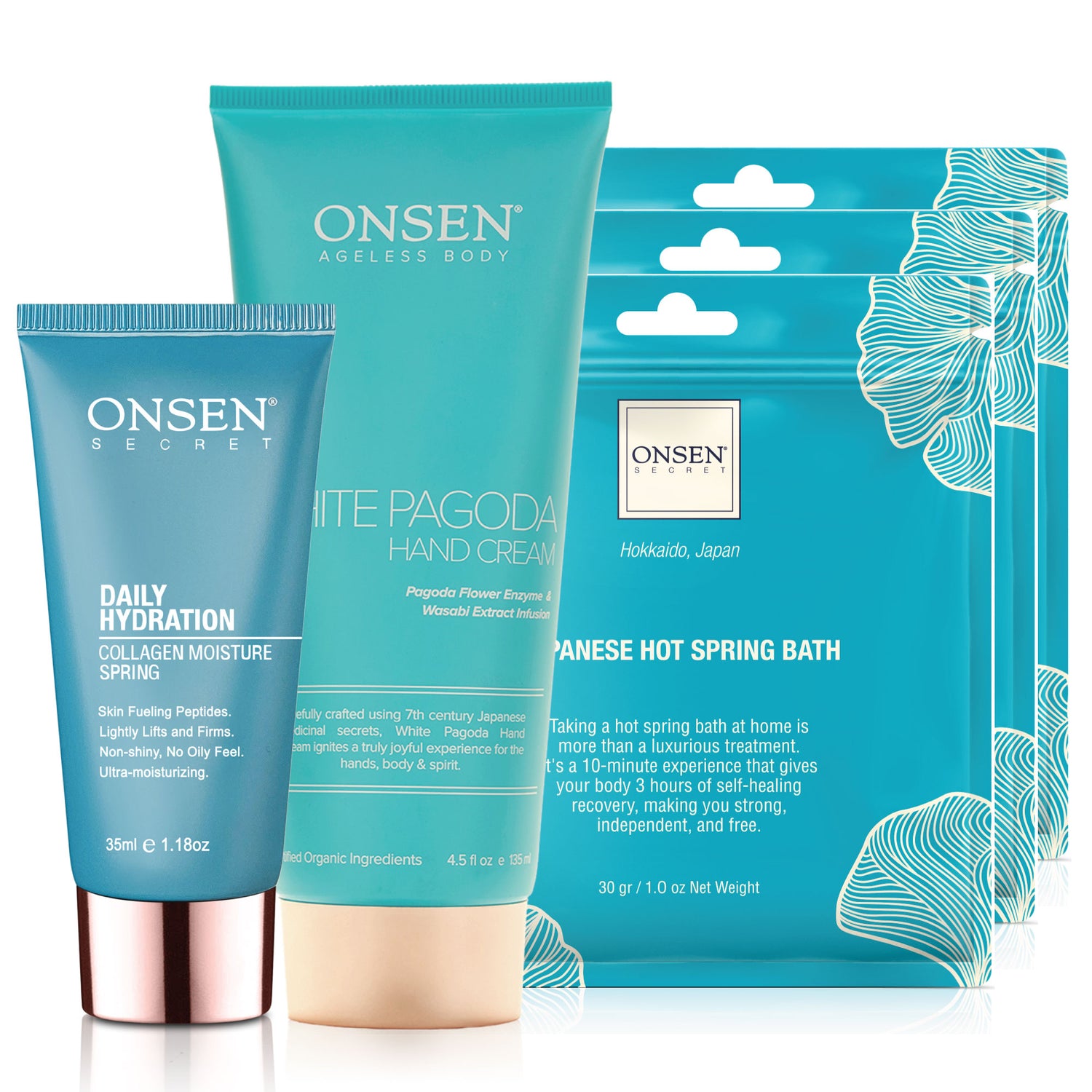 A collection of Onsen brand skincare products including Daily Hydration hand cream, White Pagoda Hand Cream, and Japanese Hot Spring Bath packets.