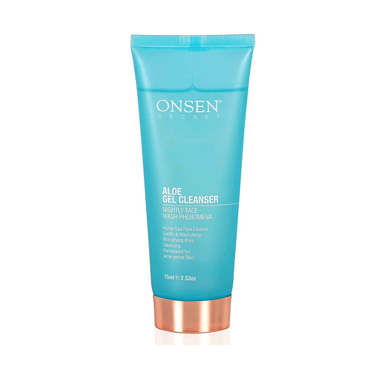 A blue bottle of Aloe Gel Cleanser with a pump dispenser, labeled with the brand ONSEN and additional product information.