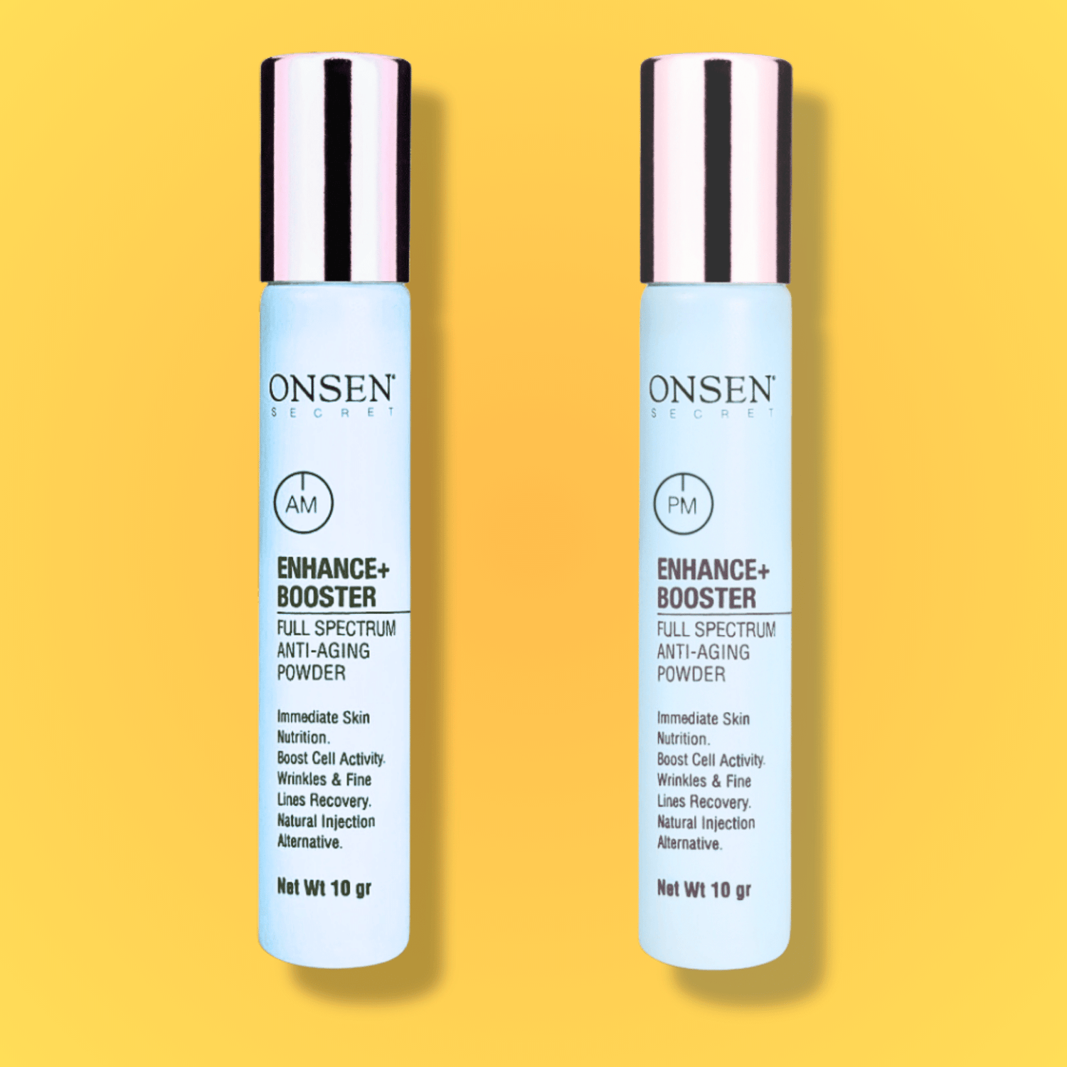 Two bottles of Enhance+ Booster serum against a yellow background, with branding and product information displayed on the labels. Anti-aging powder 