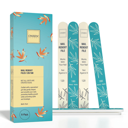 A pack of six nail files with a floral pattern, displayed alongside their packaging which has a matching design.