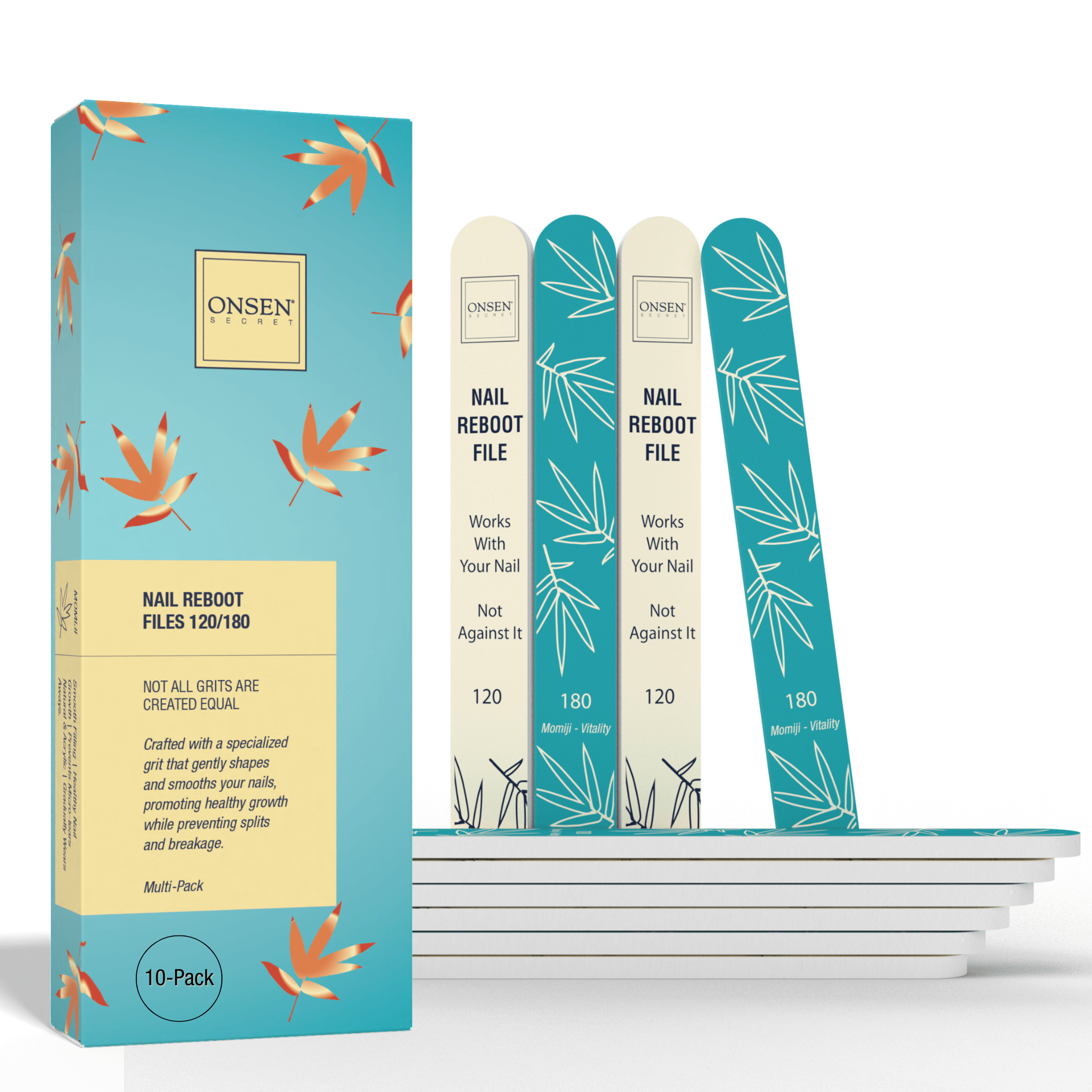 A pack of six nail files with a floral pattern, displayed alongside their packaging which has a matching design.