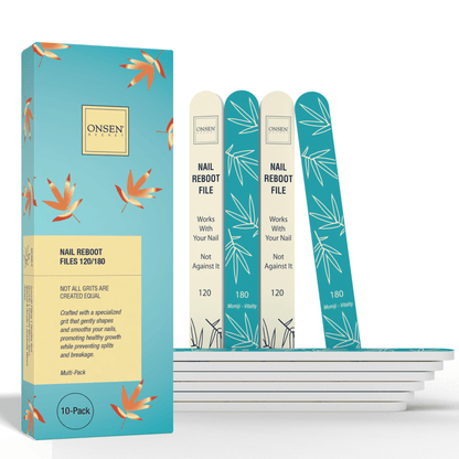 A pack of six nail files with a floral pattern, displayed alongside their packaging which has a matching design.