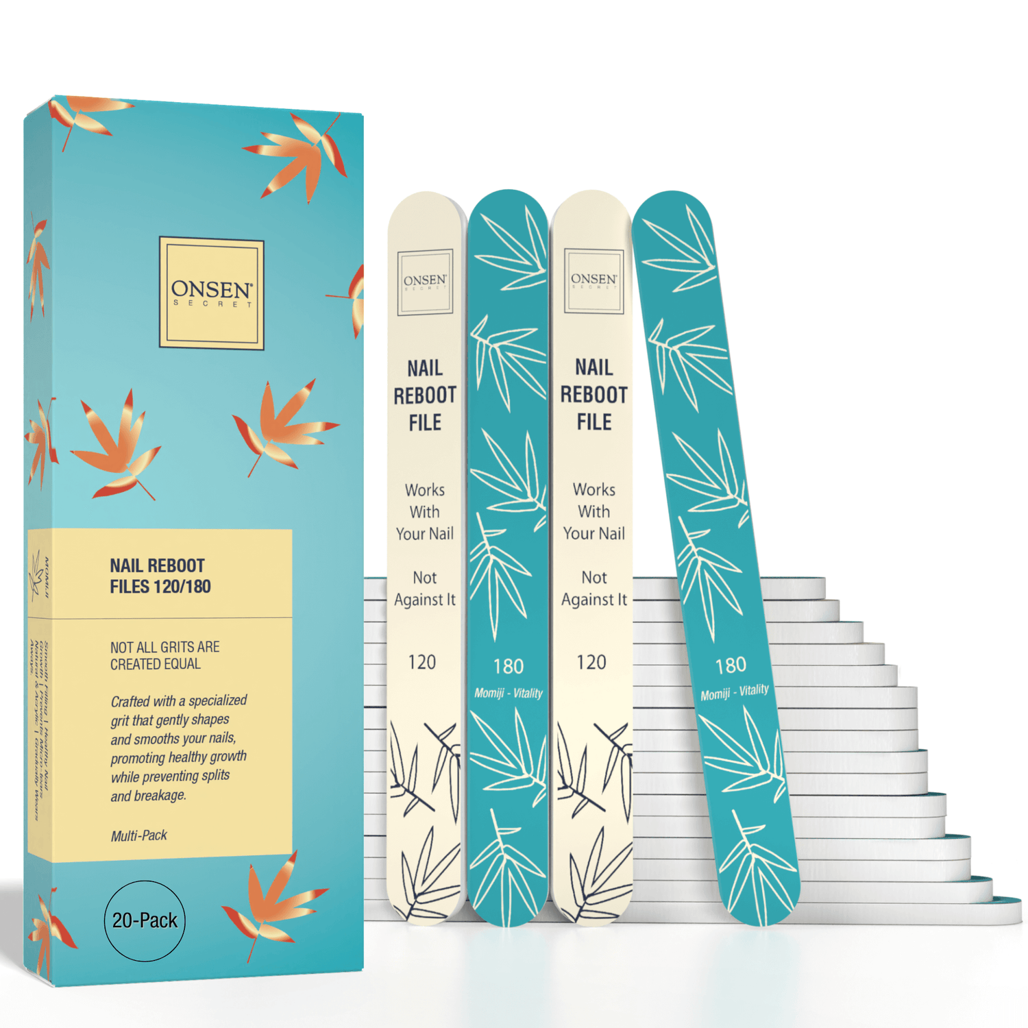 A pack of six nail files with a floral pattern, displayed alongside their packaging which has a matching design.