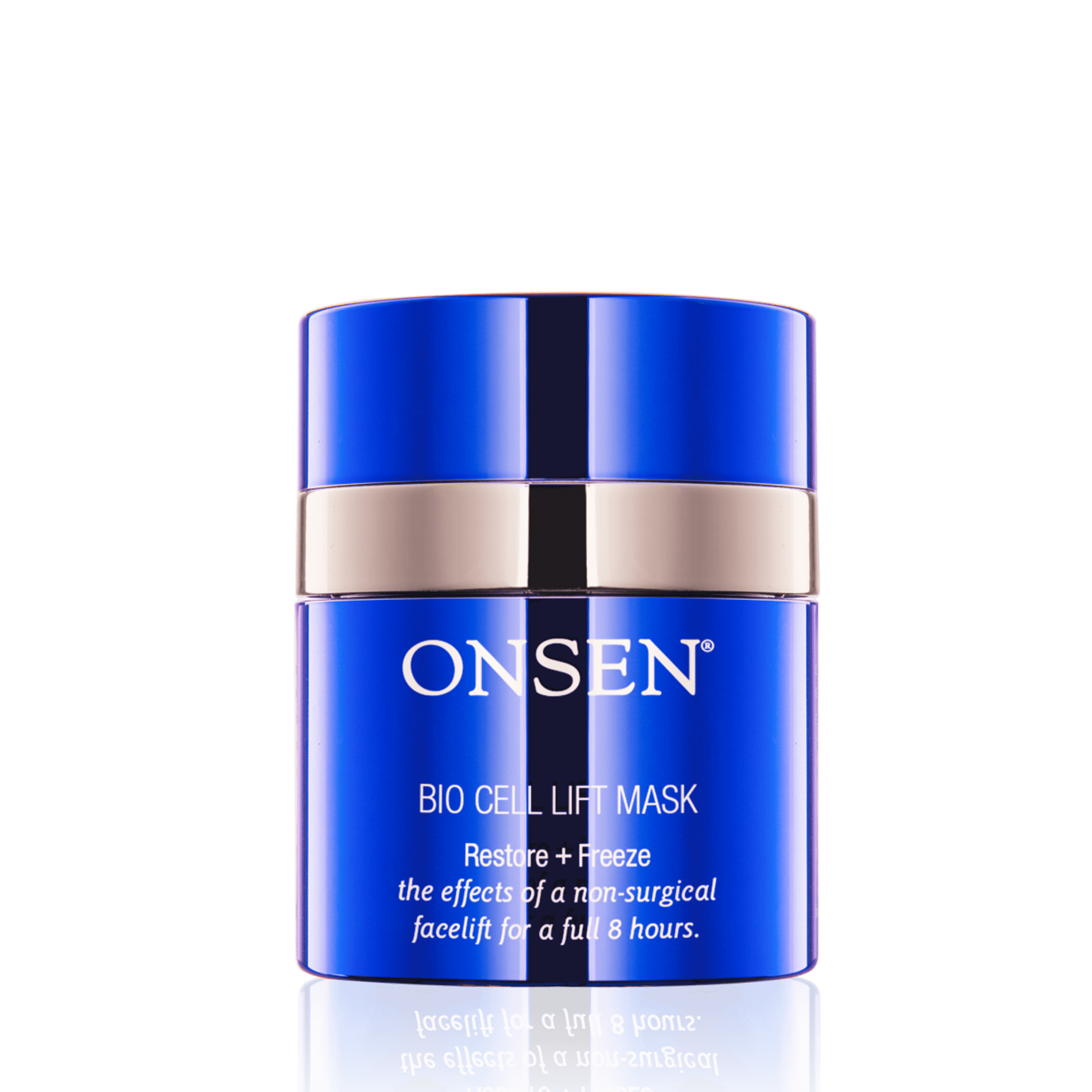 A blue jar of ONSEN Bio Cell Lift Mask, designed for revitalizing the skin with advanced ingredients for a non-surgical facelift effect.