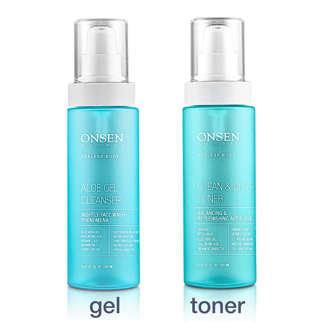 Onsen Secret Aloe Gel Cleanser and Clean &amp; Clear Toner set for a balanced skincare routine