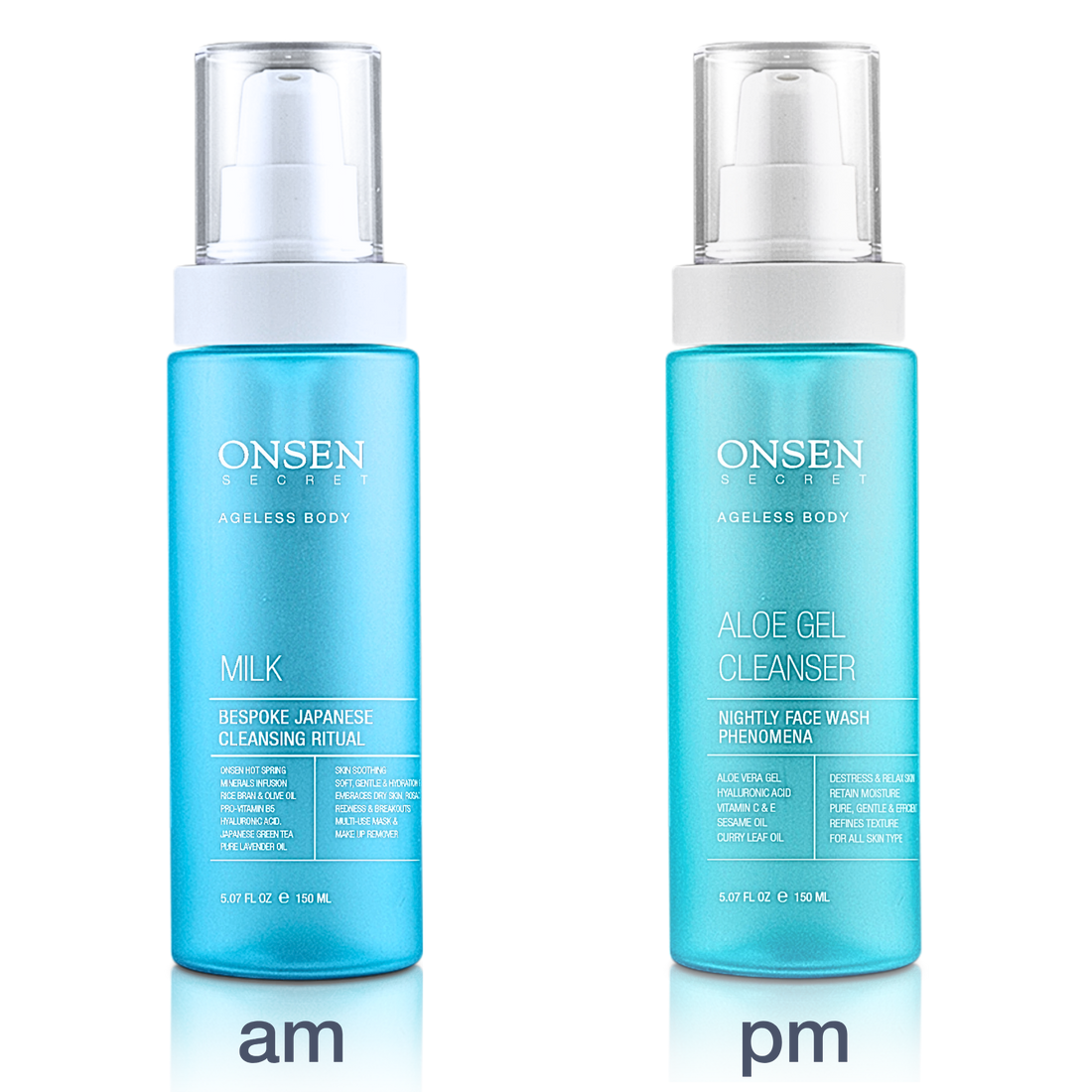 Two bottles of ONSEN brand skincare products, one labeled &