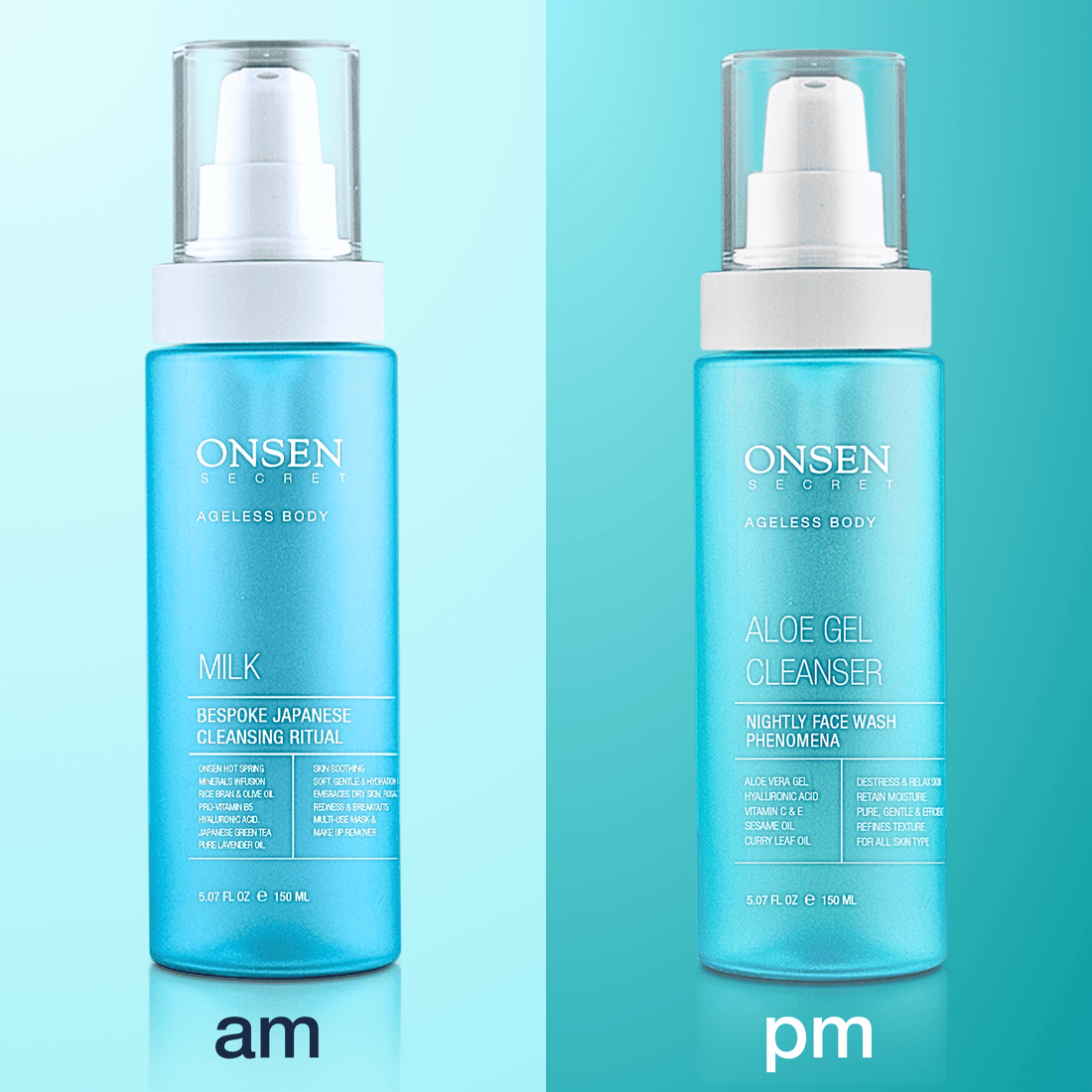 Two bottles of ONSEN brand skincare products, one labeled &